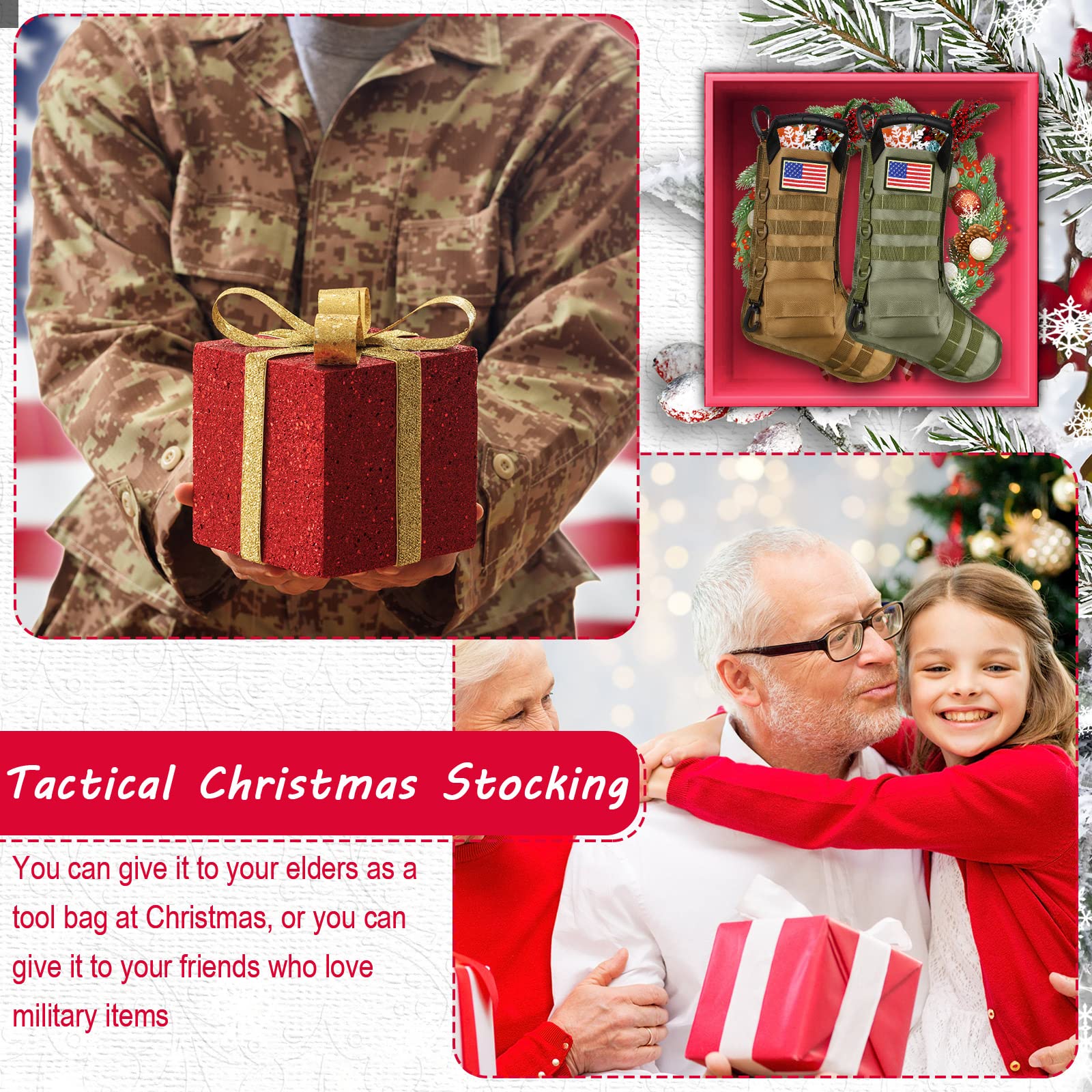 WILLBOND 2 Pack Tactical Military Christmas Stockings with American Flag Patches - MOLLE Compatible Gear Pouch for Holiday Decorations, Xmas Tree Ornaments & Home Decor (Bright Style) - Perfect for Military-Themed Christmas, Soldier Gifts & Patriotic Holiday Decor