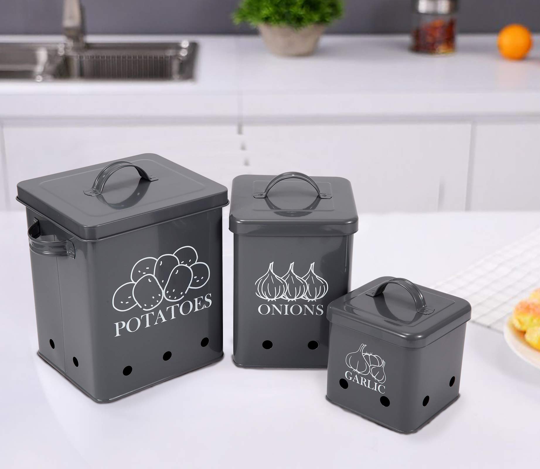 3-Pack Airtight Potato Onion Storage Containers with Ventilation Holes - Kitchen Pantry Organizer for Garlic, Vegetables & Dry Food Storage - Durable Gray Canisters for Freshness & Long Shelf Life - Perfect for Meal Prep & Pantry Organization