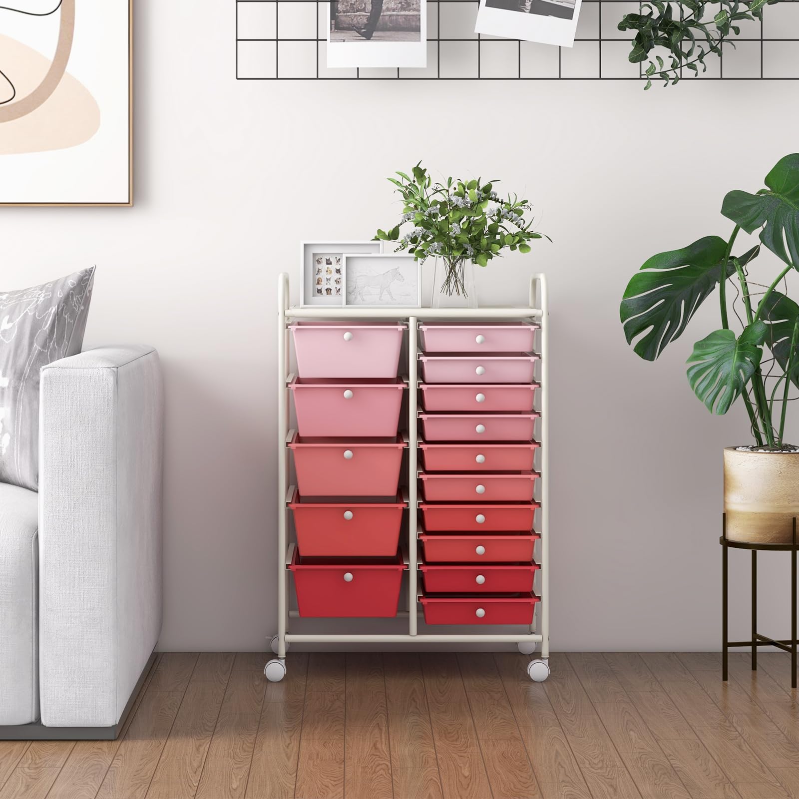 HAPPYGRILL 15-Drawer Rolling Storage Cart Organizer - Mobile Utility Cart with Wheels for Office, School, Home & Workshop - Perfect for Organizing Tools, Paper, Supplies & Stationery