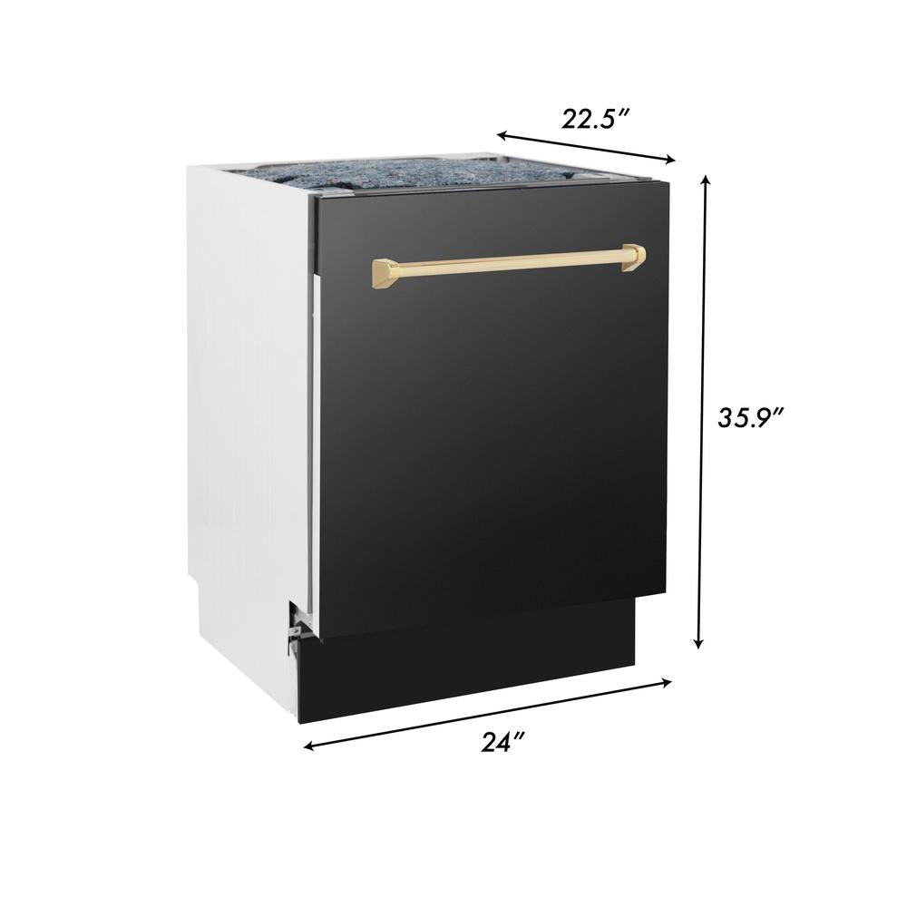 ZLINE Autograph Edition 48-inch Professional Kitchen Package - Black Stainless Steel Dual Fuel Range, Range Hood, Dishwasher & Refrigerator with External Water Dispenser & Polished Gold Accents (4AKPR RABRHDWV48 G) - Perfect for Modern Luxury Kitchens, Restaurant-Style Cooking & Entertaining