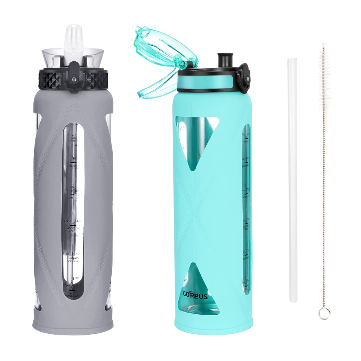 32oz Glass Water Bottle with Straw & Flip Lid - Motivational Time Marker, Leakproof, BPA Free - Silicone Sleeve (Green/Grey) for Gym, Hiking & Office Hydration