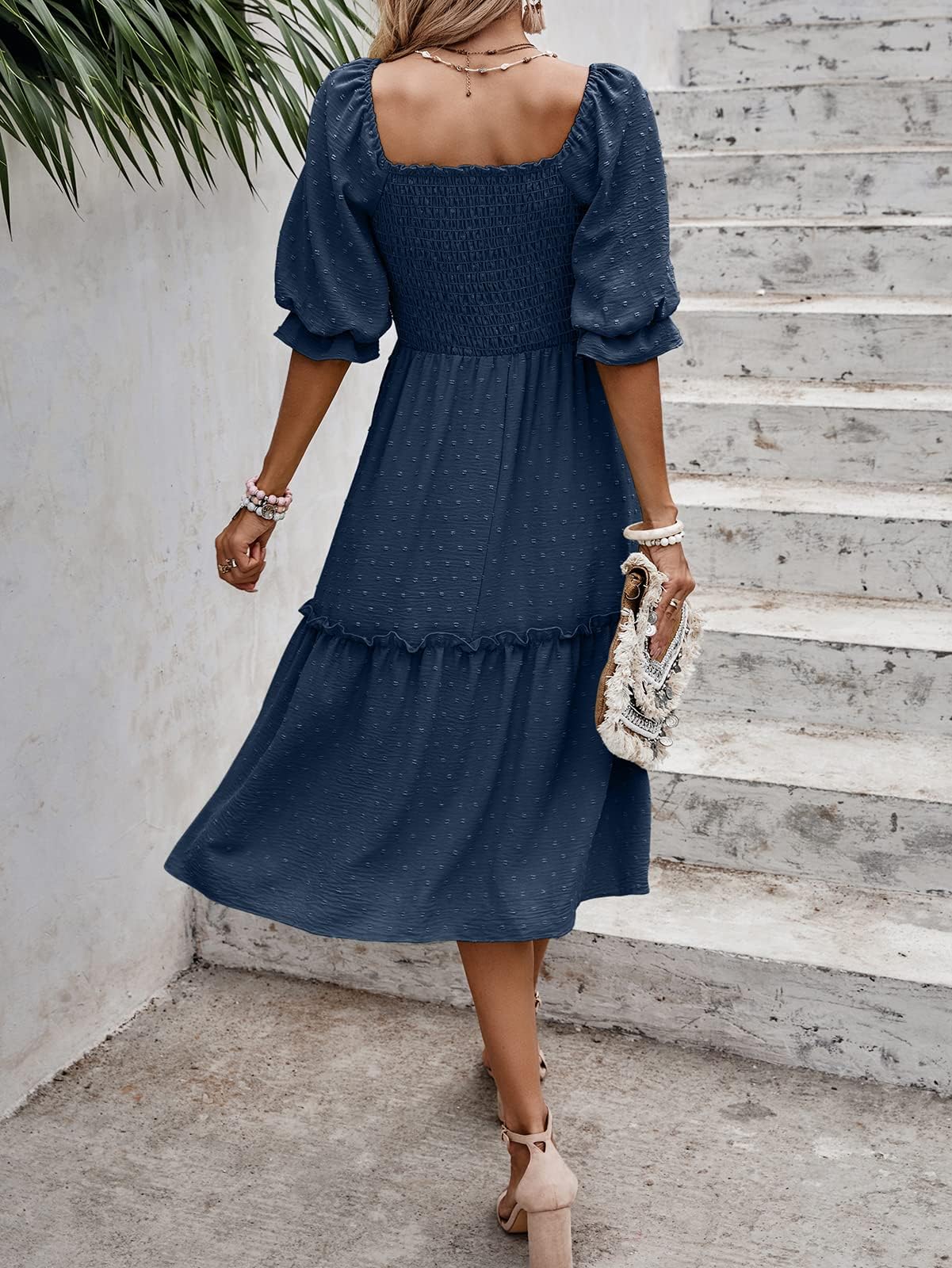 PrettyGarden Women's Summer Casual Dress 2025 - Puff Sleeve Square Neck A-Line Flowy Boho Floral Smocked Midi Dress for Beach, Vacation & Date Night