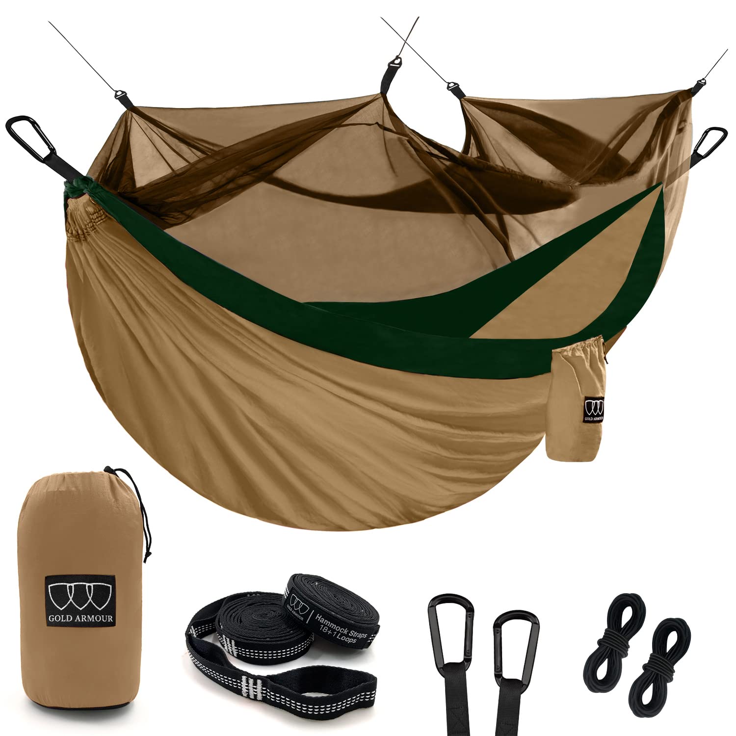 Gold Armor Camping Hammock with Mosquito Net - Heavy Duty Double Hammock for Outdoor Adventures, Backpacking, Travel & Beach - Portable Lightweight Camping Gear (Khaki & Green) - Perfect for Backyard Relaxation, Forest Camping & Beach Lounging