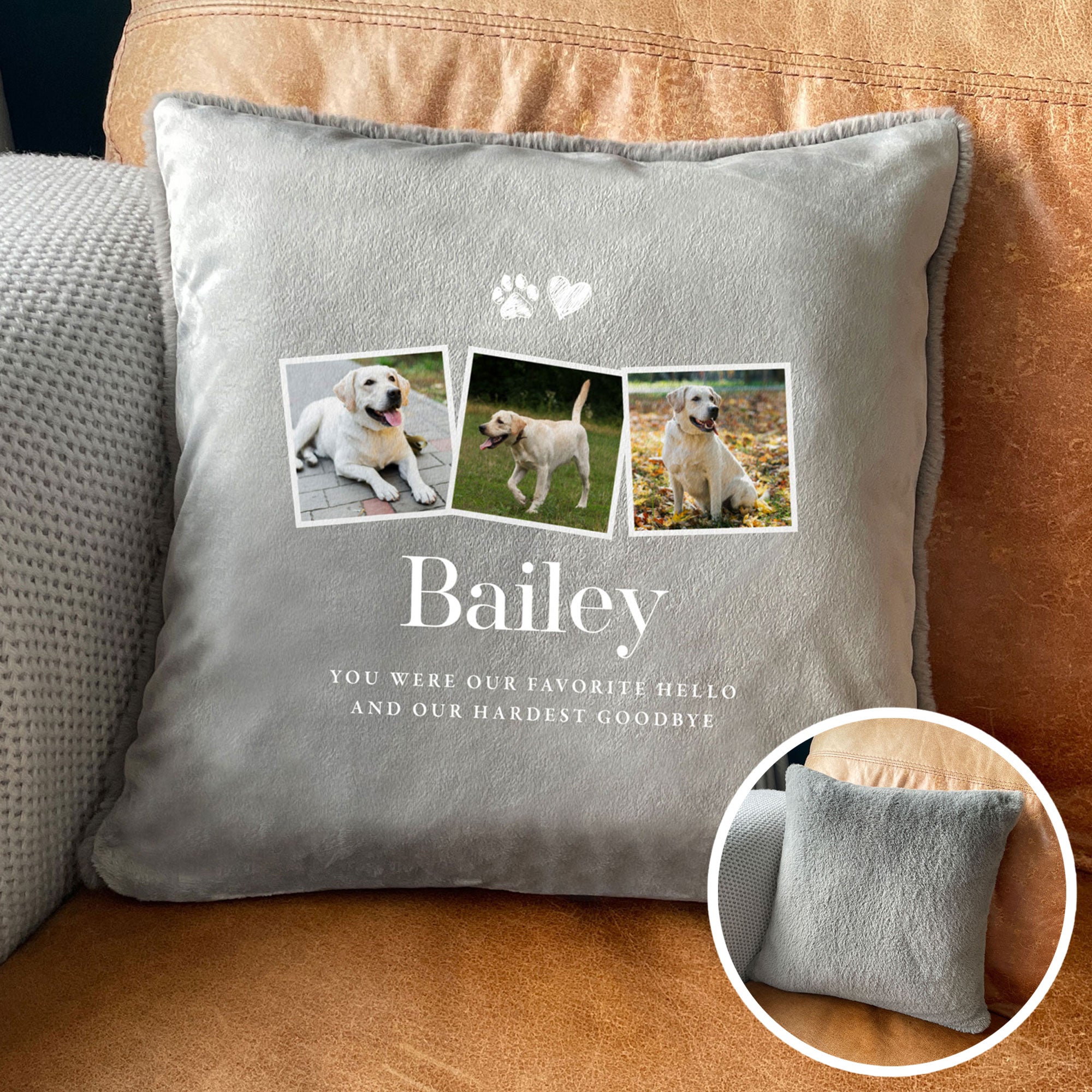 Personalized Custom Photo Pet Memorial Cushion with Faux Fur - 3 Pictures & Any Message - Perfect for Grieving Pet Owners, Home Decor, and Comforting Gifts