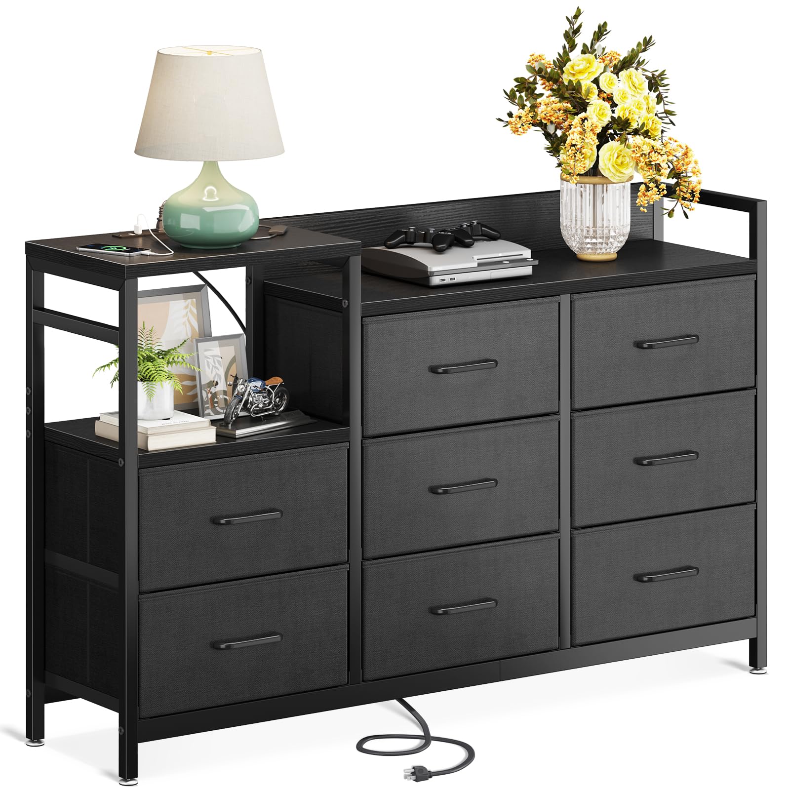 52-Inch Long ODK Dresser with Charging Station & 8 Storage Drawers - Sturdy Steel Frame & Wooden Top Fabric Dresser for Bedroom Organization - Perfect for Small Spaces, Dorm Rooms & Apartment Storage Solutions