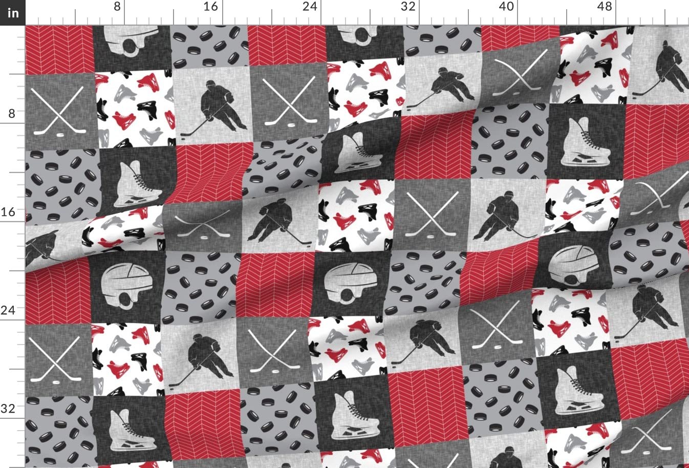 Ice Hockey Themed Printed Minky Fabric by The Yard - Red & Black Cheater Quilt Top for Baby Blankets, Nursery Decor & Plush Quilt Backing - Perfect for Sewing Projects, DIY Patchwork & Soft Nursery Bedding