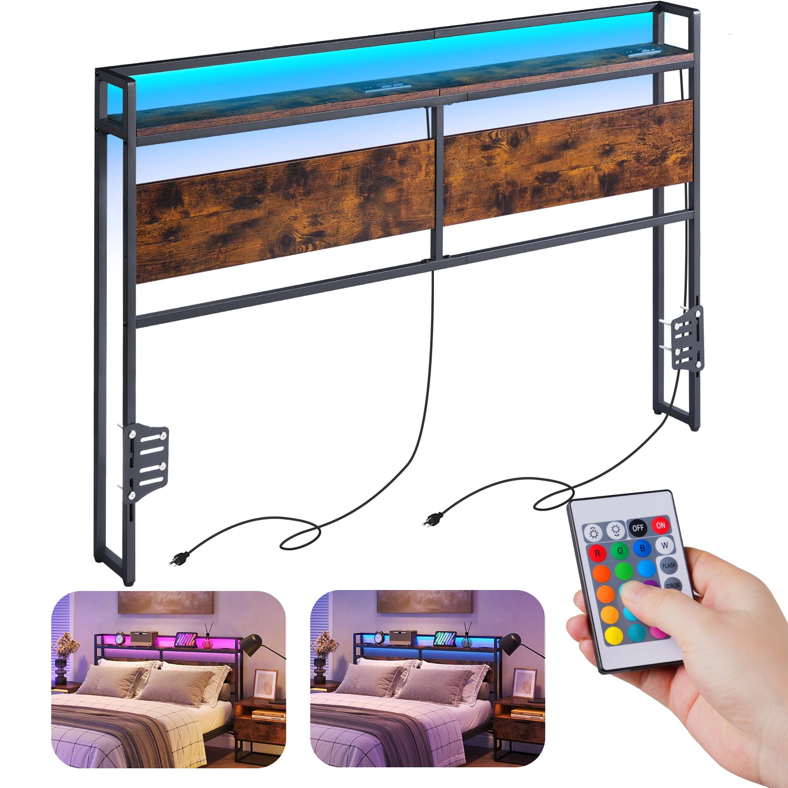 ELYKEN Queen Size Headboard with USB Ports, LED Lights & Outlets - Freestanding Bed Backboard with Shelf, Adjustable for Different Bed Frames - Rustic Brown - Perfect for Bedroom Upgrade, Guest Room & Modern Home Decor