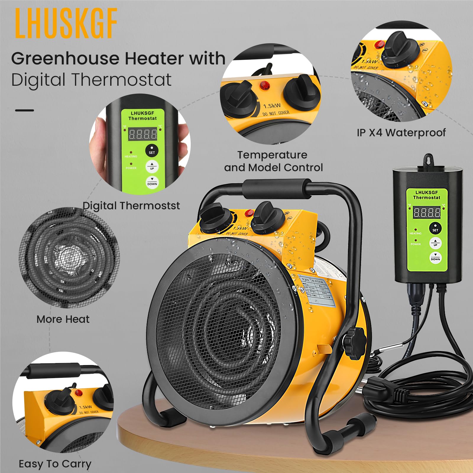 Digital Greenhouse Heater with Thermostat - 1500W Fast Heating Grow Tent Heater with Overheat Protection - Perfect for Greenhouses, Flower Rooms & Indoor Plant Growing