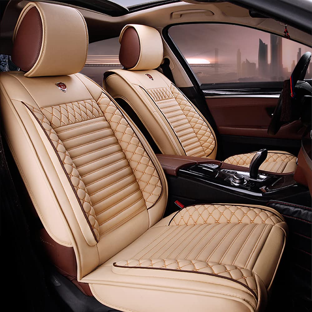 Surekit PU Leather Car Seat Cover for Jaguar E-PACE F-PACE I-PACE XE XF XJ XK Series - Premium 5-Seat Cushion Protector Set with Needlework Design (Cream) - Perfect for Luxury Car Interior Protection & Comfort Enhancement