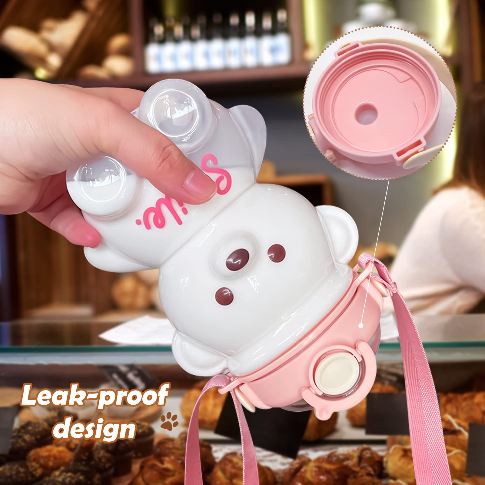 **Kawaii Bear Water Bottle with Straw & Strap - Cute BPA-Free Leakproof Drinking Cup for Kids, Girls & Women - Ideal for Sports, Camping, Picnic, Hiking & Travel (Pink)**