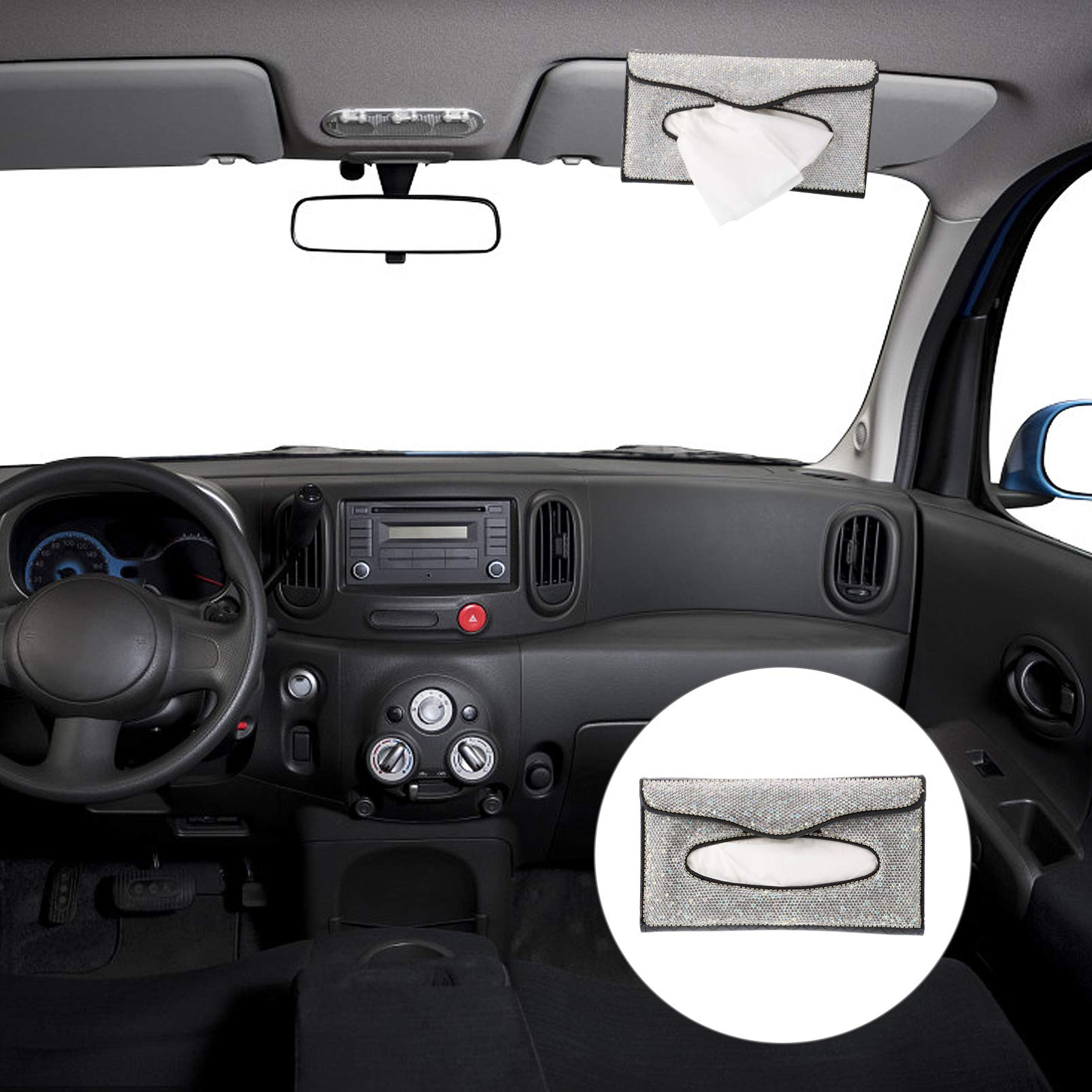 Premium PU Leather Car Tissue Box Holder - Elegant Car Napkin Cover & Sun Catcher Accessory for Women (Miss White Acrylic Set) - Perfect for SUV, Sedan, and Office Desk Organization