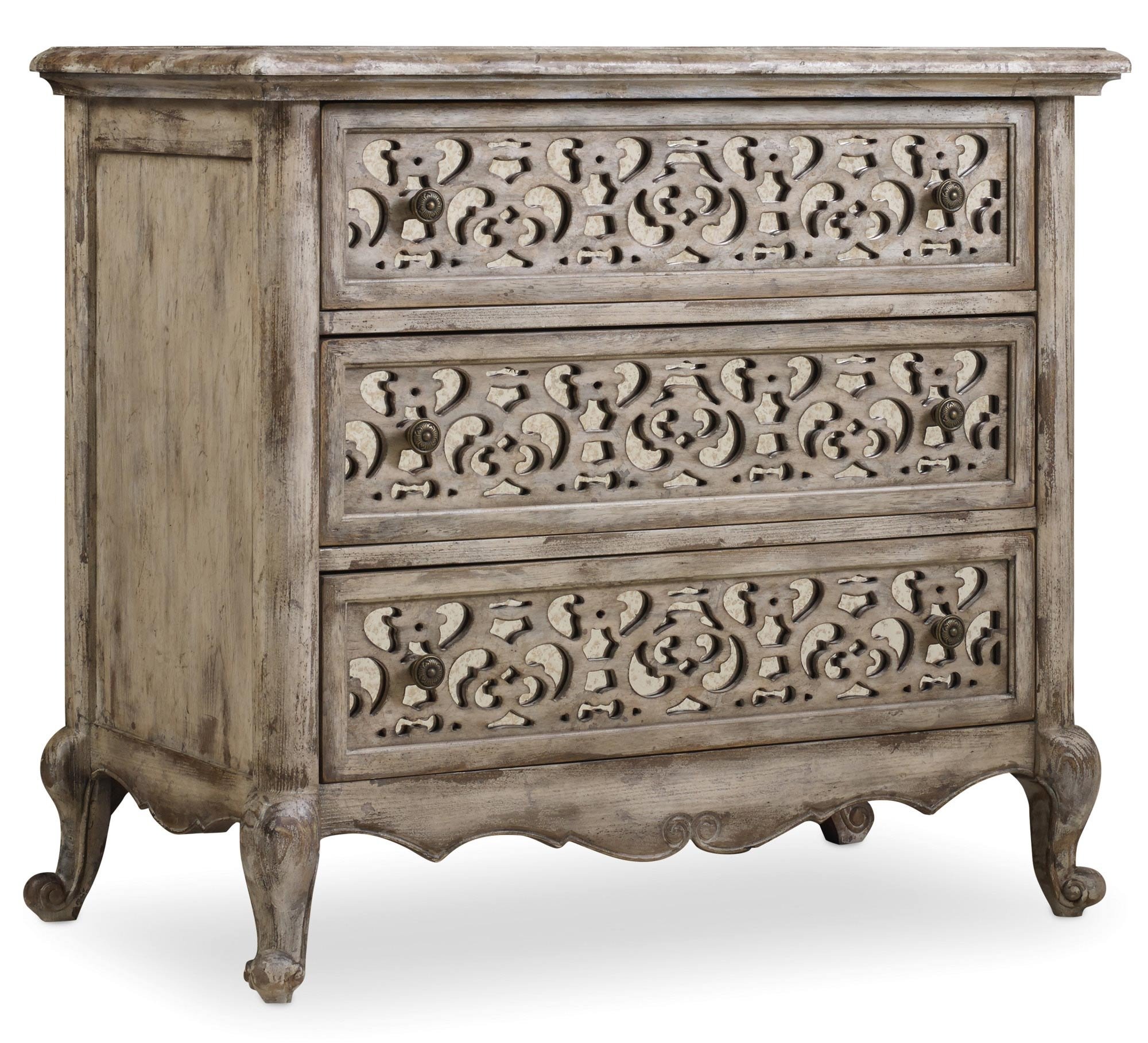 Hooker Furniture Chatelet 3-Drawer Fretwork Nightstand in Vintage White - Elegant Bedside Table for Master Bedroom or Guest Room Decor