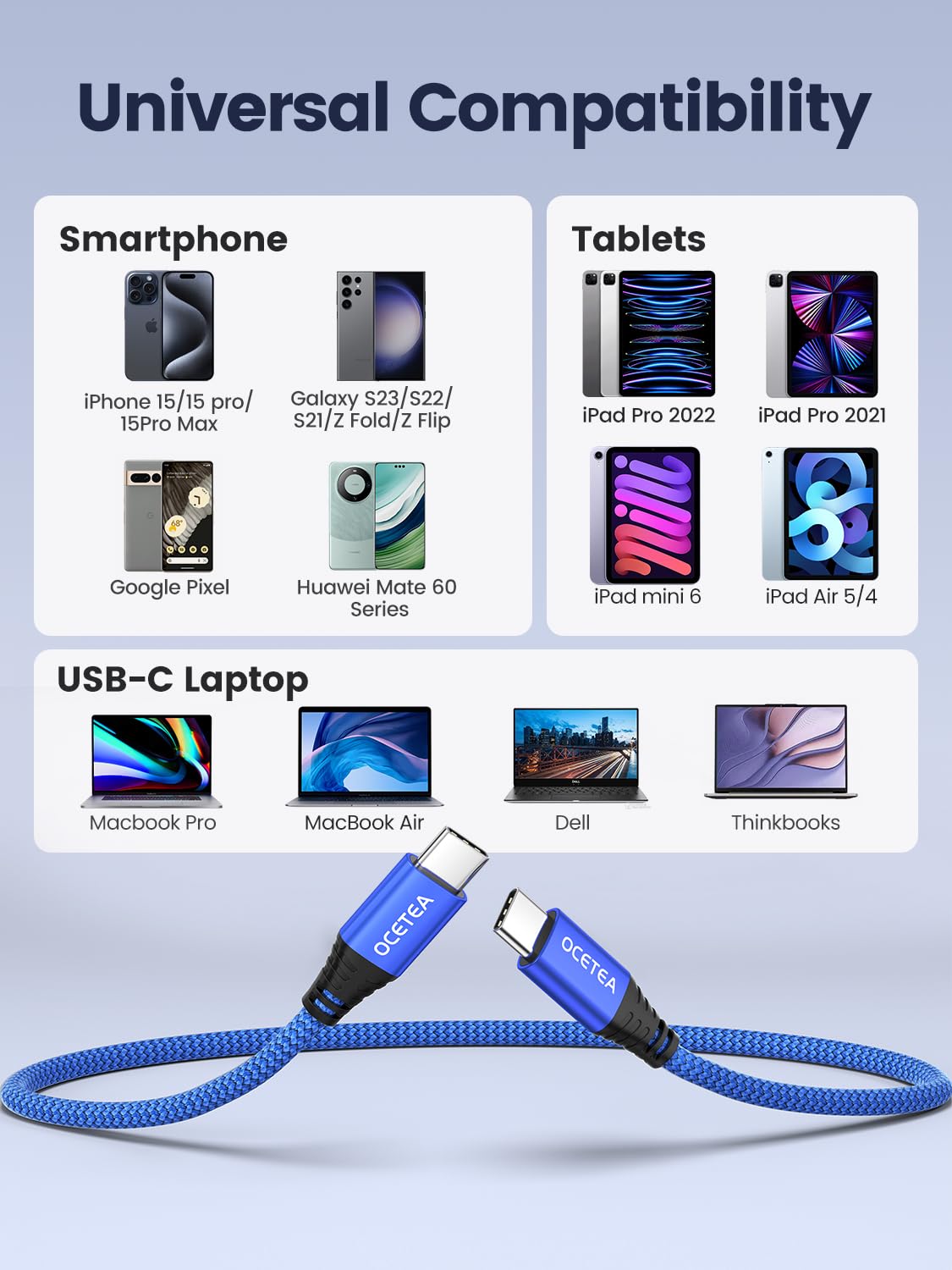 Ocetea Short USB C to USB C Fast Charger Cable (2-Pack 0.3M) - 3.1A USB-C to C Charging Cord Compatible with iPhone 15 Series, MacBook Pro, iPad Pro, Galaxy S24/S23 Ultra & Pixel | Perfect for Travel, Office & Home Charging