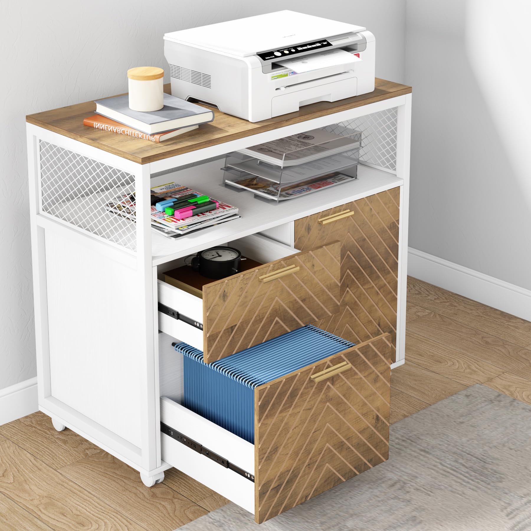 Tribesigns Modern Lateral File Cabinet with 2 Drawers & Door - Letter Size Home Office Storage with Rolling Casters & Printer Stand - Perfect for Organizing Documents, Supplies & Office Equipment
