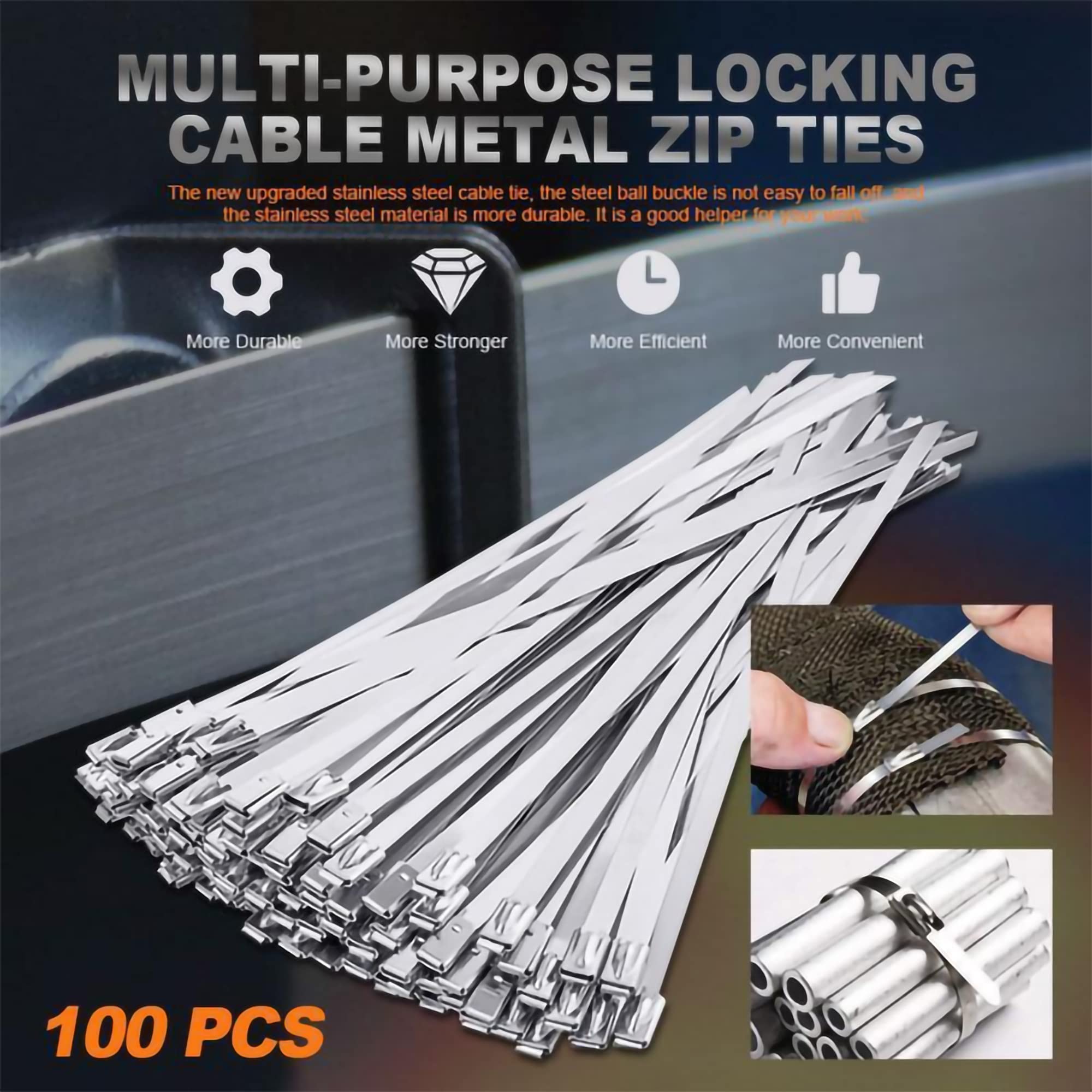 Stainless Steel Multi-Purpose Locking Cable Zip Ties - 4.6mm x 100mm, Metal Twist Ties with Exhaust Wrap Coating for Secure Fastening | Ideal for Home Organization, Automotive Wiring, HVAC Systems & Industrial Applications