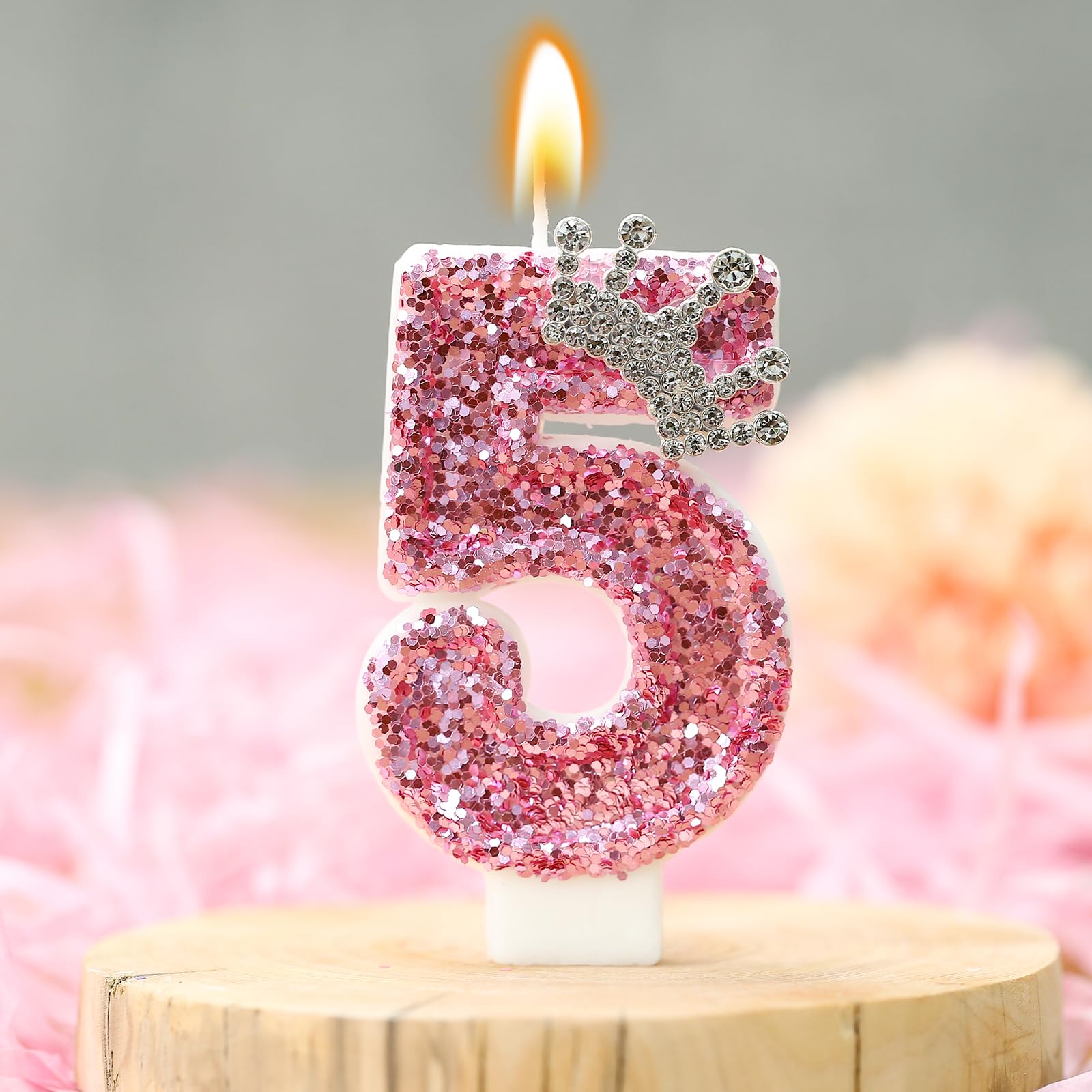 Pink Crown Number 5 Candle - Glitter Cake Topper for Birthday & Anniversary Celebrations