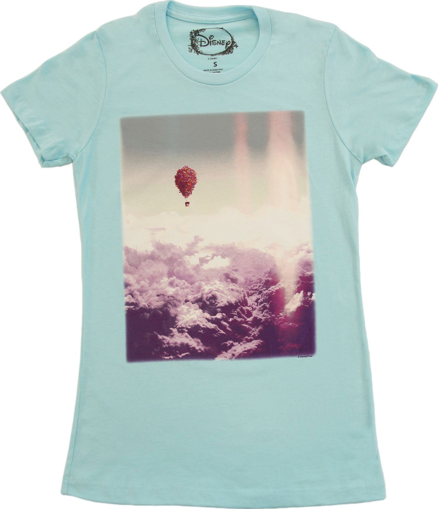 Disney Up Balloons in The Sky Juniors Cancun Blue T-Shirt - Cute Cartoon Graphic Tee for Women & Girls - Perfect for Casual Wear, Disney Theme Parties & Gifts