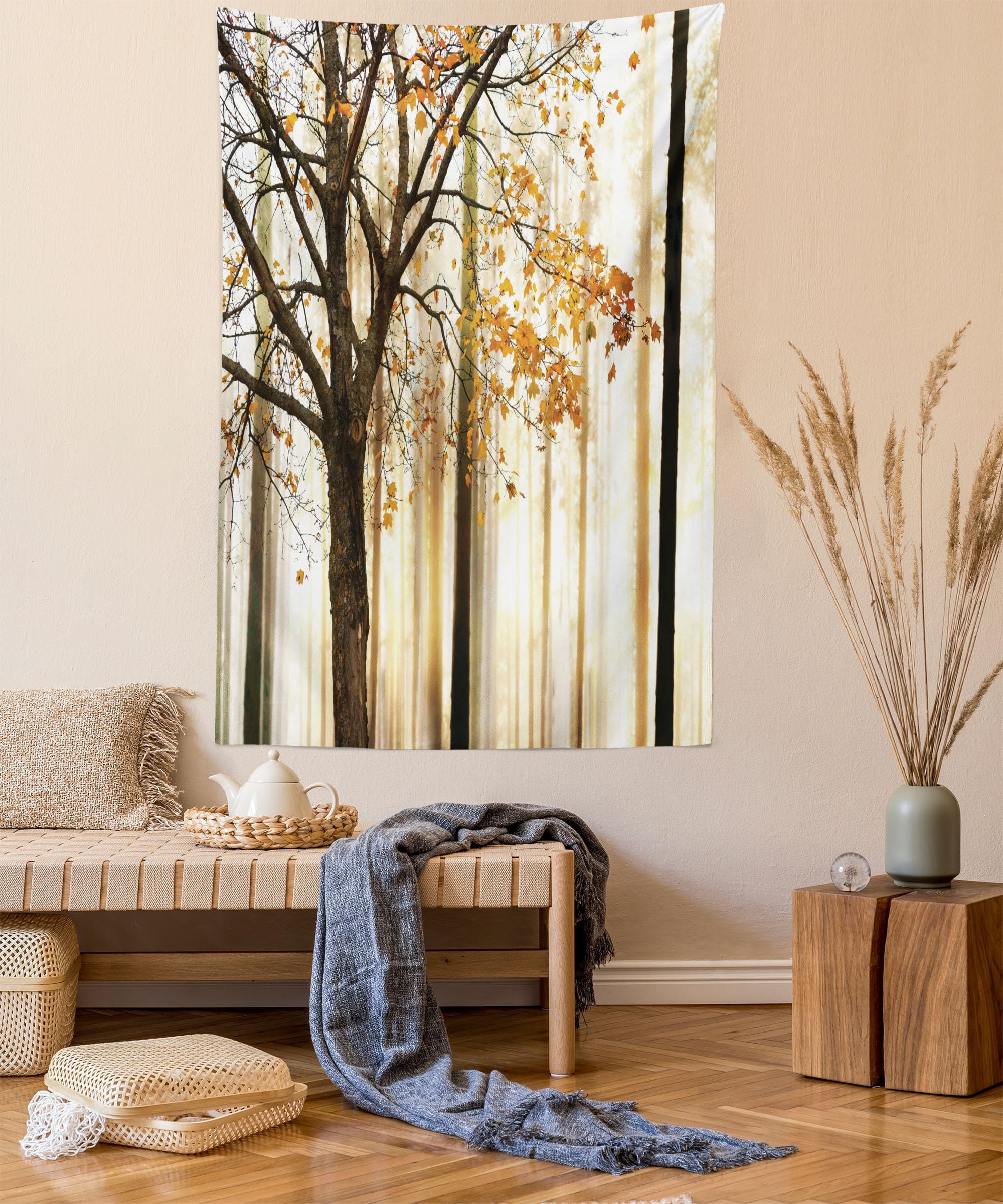 Ambesonne Autumn Tapestry - Queen Size Wall Hanging Bedspread with Abstract Woodland Tree Leaves Print in Orange & Brown | Home Decor for Living Room, Bedroom, Dorm | Cozy Fall Seasonal Decoration