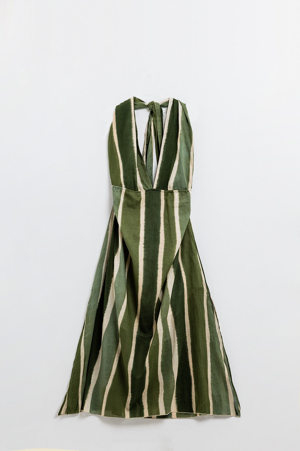 Elegant Green Striped V-Neck Backless Long Robe with Side Slits - Perfect for Spa, Bridal Party, and Loungewear