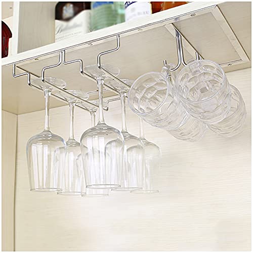 Under Cabinet Stemware Rack - Hanging Wine Glass Holder for Kitchen, Bar & Dining Room - Storage Organizer Holds 4-6 Wine Glasses & 4-8 Champagne Flutes - Space-Saving Drying Rack - Perfect for Entertaining, Hosting Parties & Compact Kitchen Storage