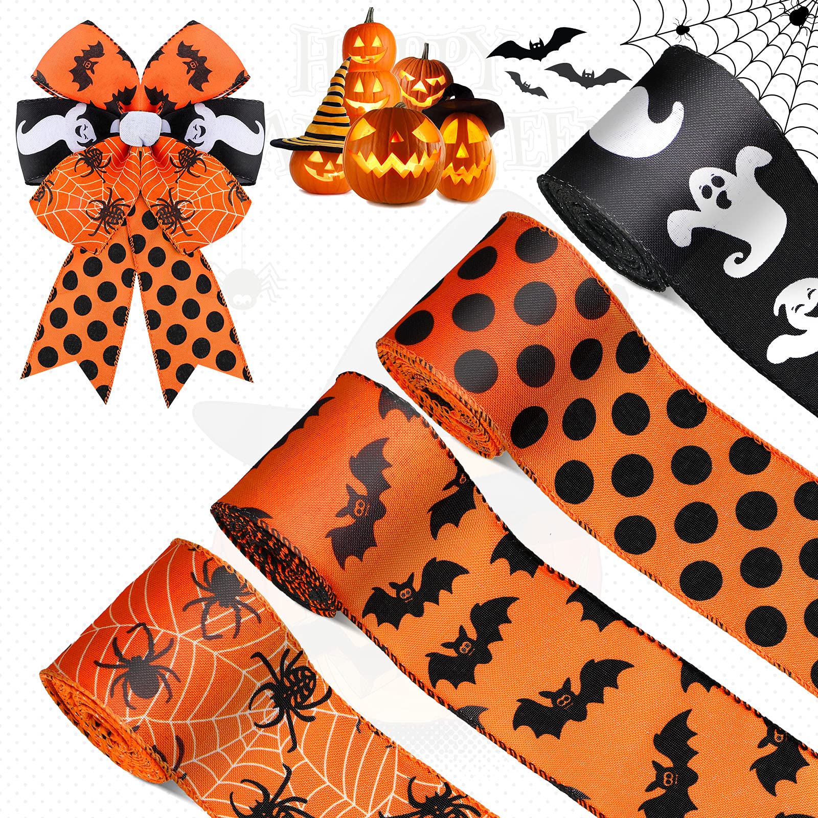 4 Rolls 20 Yards Halloween Wired Edge Ribbon - Spider Web Printed Grosgrain Ribbon for DIY Crafts, Gift Wrapping, Party & Home Decor (Dot Spider Pattern) - Perfect for Halloween Decorations, Scary Party Supplies & Seasonal Crafts