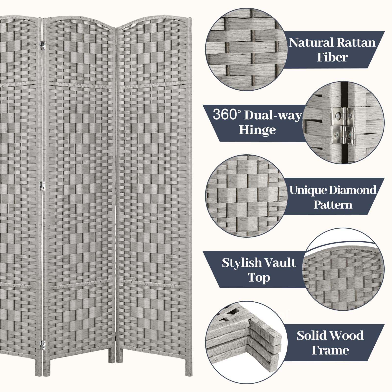 6ft Room Divider Folding Privacy Screen - 8 Panel Space Separator for Home & Office, 16in Wide Grey Partition Wall for Bedroom, Living Room & Studio Use