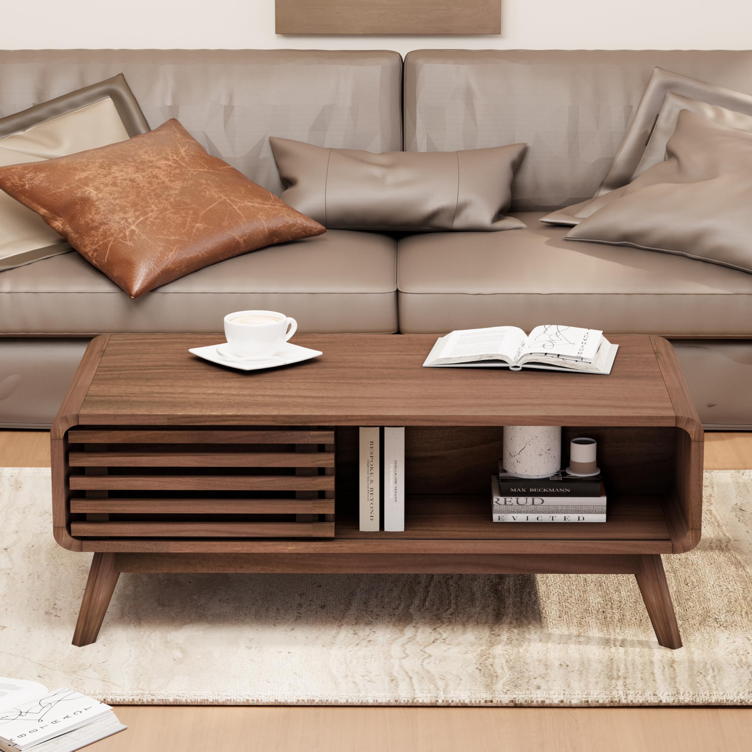 Mid Century Modern Coffee Table with Storage - Farmhouse Wooden Living Room Table with Sliding Fence Door in Walnut - Perfect for Small Spaces, Living Rooms & Cozy Home Decor