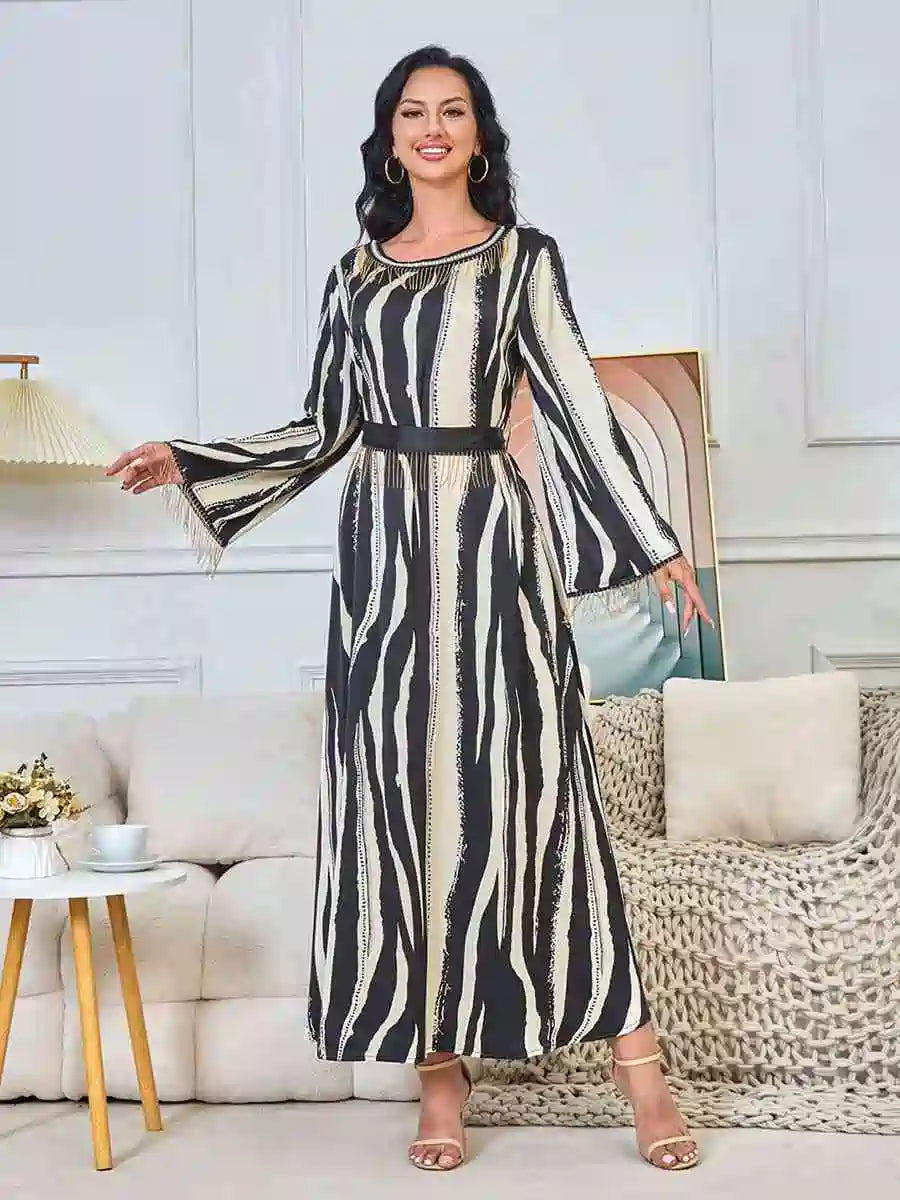 Elegant Eid Printed Tassel Caftan Dress for Women - Flowy Long Kaftan with Embroidery #25176 | Perfect for Eid Celebrations, Weddings & Special Occasions