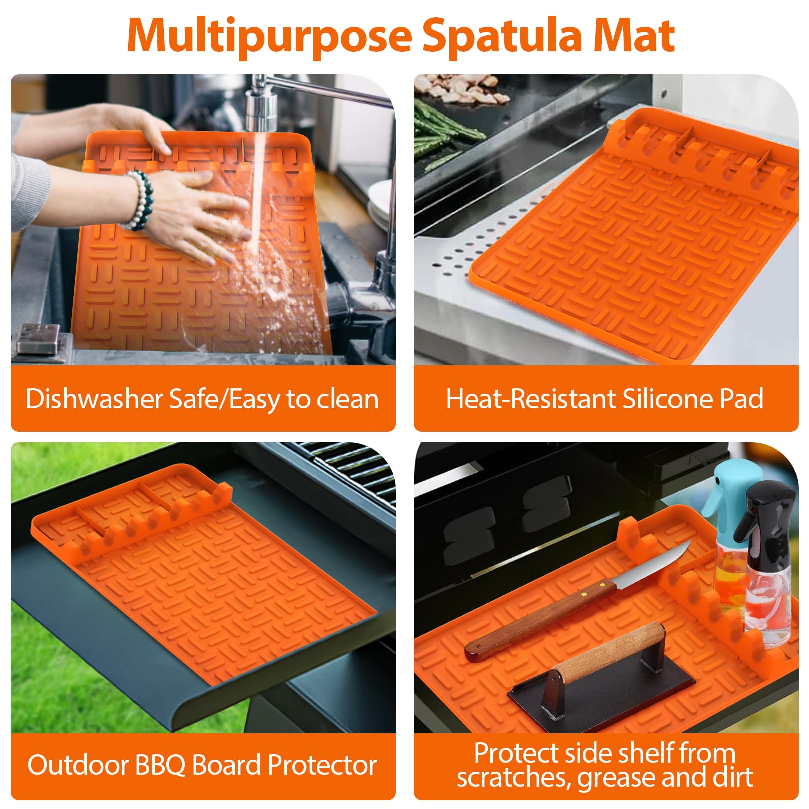 Non-Slip Silicone Griddle Tools Mat for Blackstone Grill - Food Grade Spatula Mat with Drip Pad & Side Shelf Protector - BBQ Utensils Holder for Multiple Grill Tools (Orange) - Perfect for Outdoor Cooking, Camping & Backyard BBQs