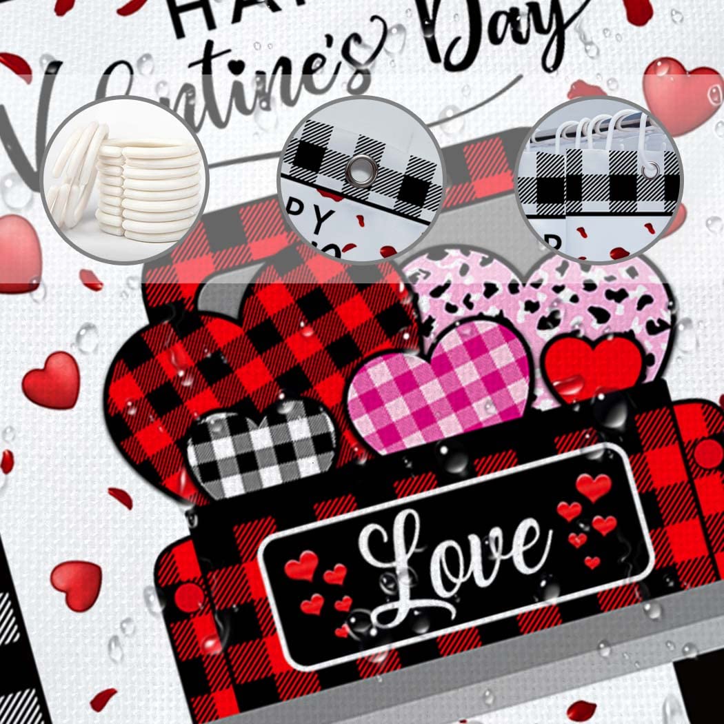 Valentine's Day Buffalo Check Plaid Shower Curtain - Farmhouse Love Truck Design with Red Hearts - Waterproof Bathroom Decor for Bathtub - 72