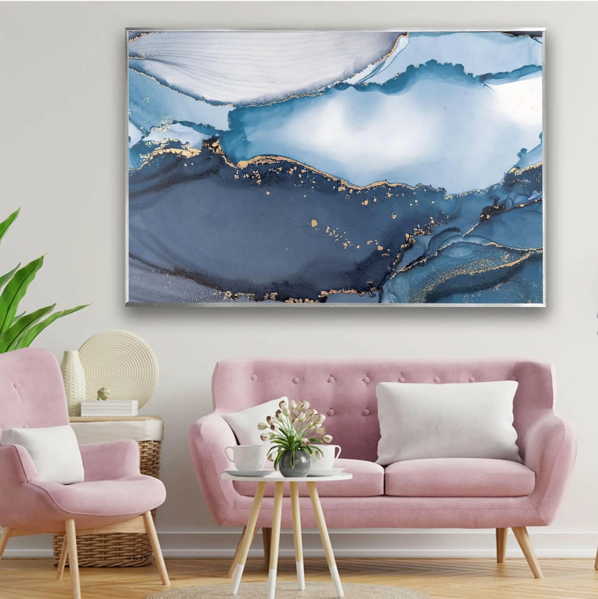 Blue Marble Ink Abstract Glass Wall Art - Modern Home Decor for Living Room, Bedroom & Office - Unique Handmade Glass Painting for Interior Design
