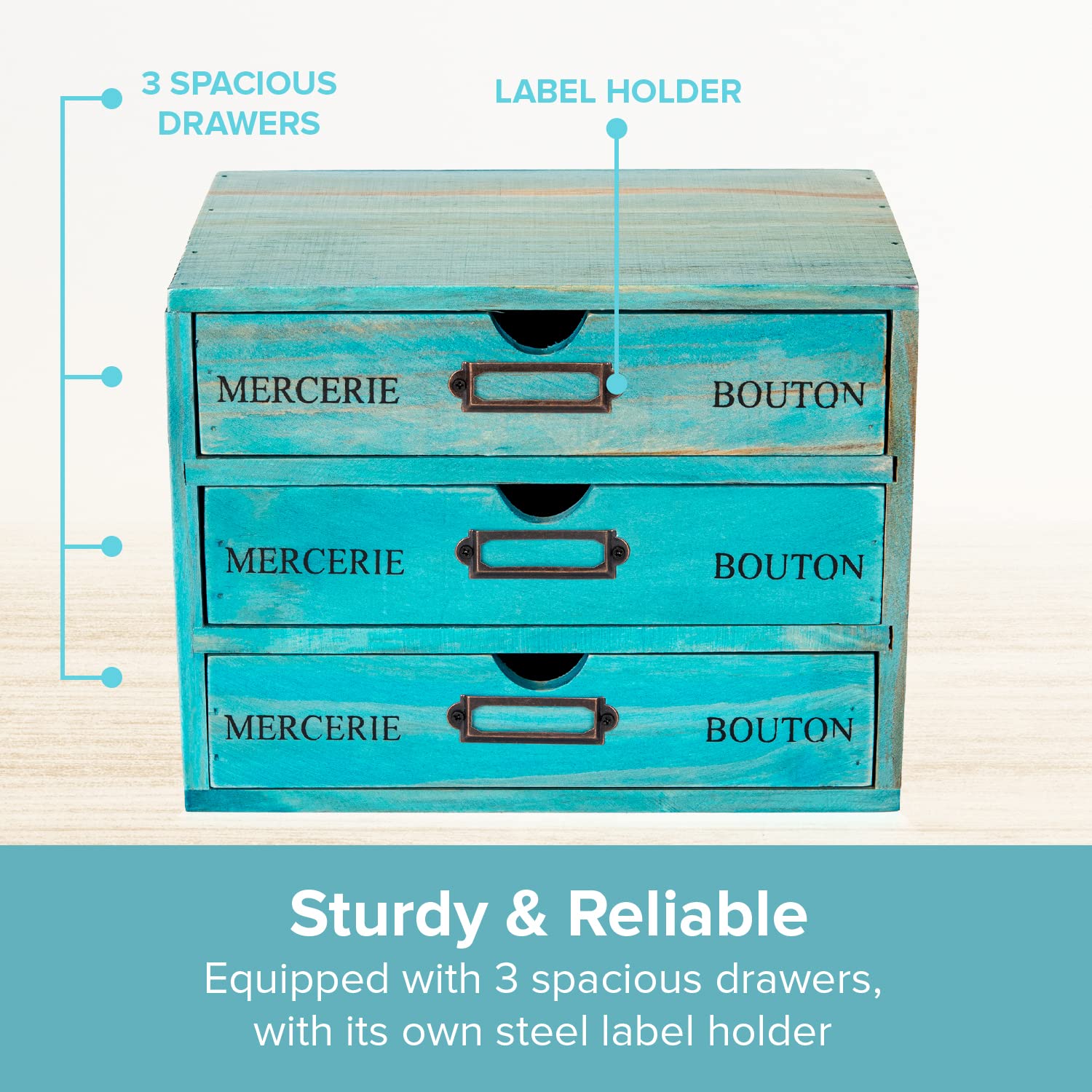 Turquoise 3-Tier Wooden Drawer Organizer - 9.7x7x7.5
