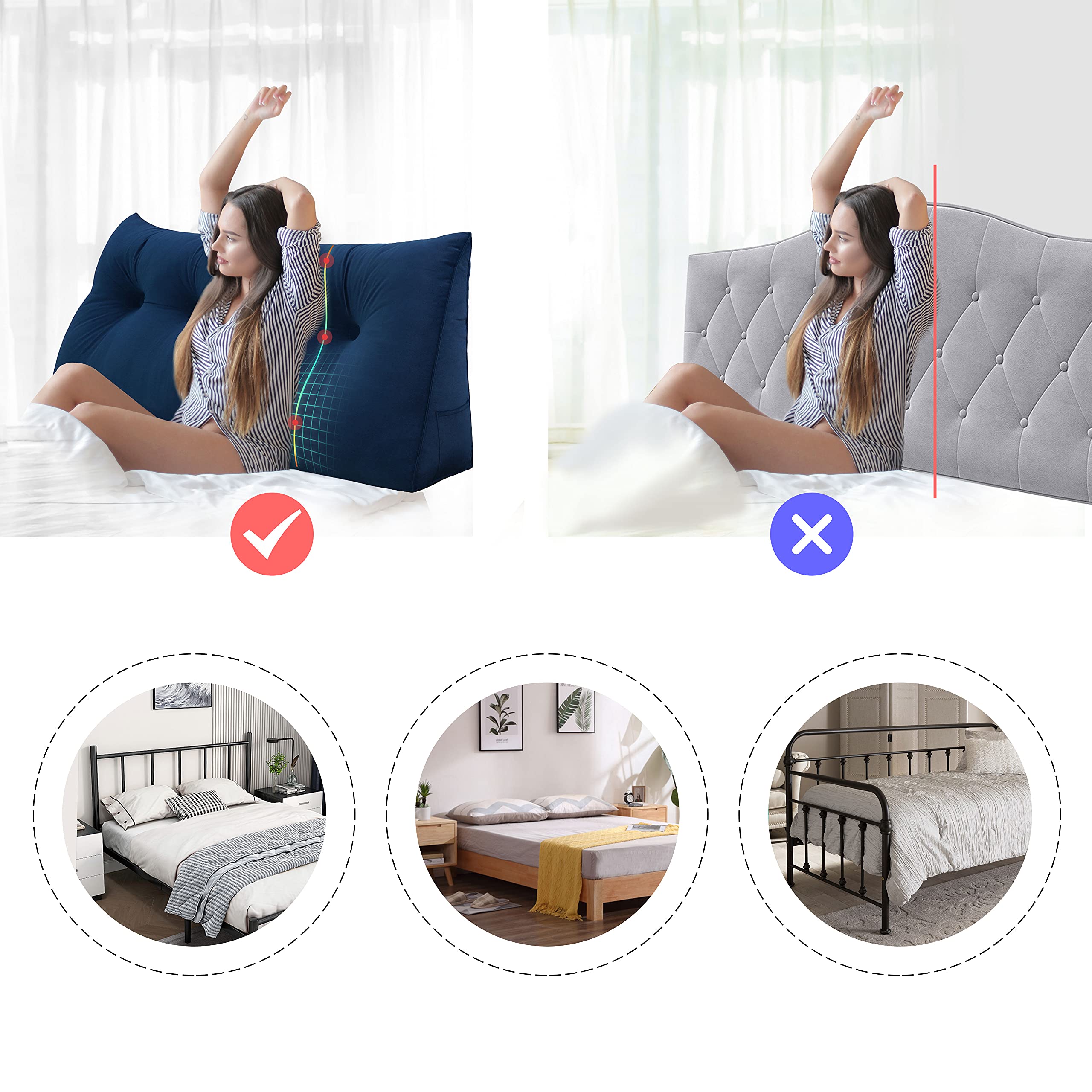 WOWMAX California King Size Ergonomics Headboard Pillow - Velvet Upholstered Wedge Pillow for Bed, No Assembly Triangular Back Support Cushion (100% Cotton, Deep Blue) - Perfect for Reading, Watching TV & Relaxing in Bed