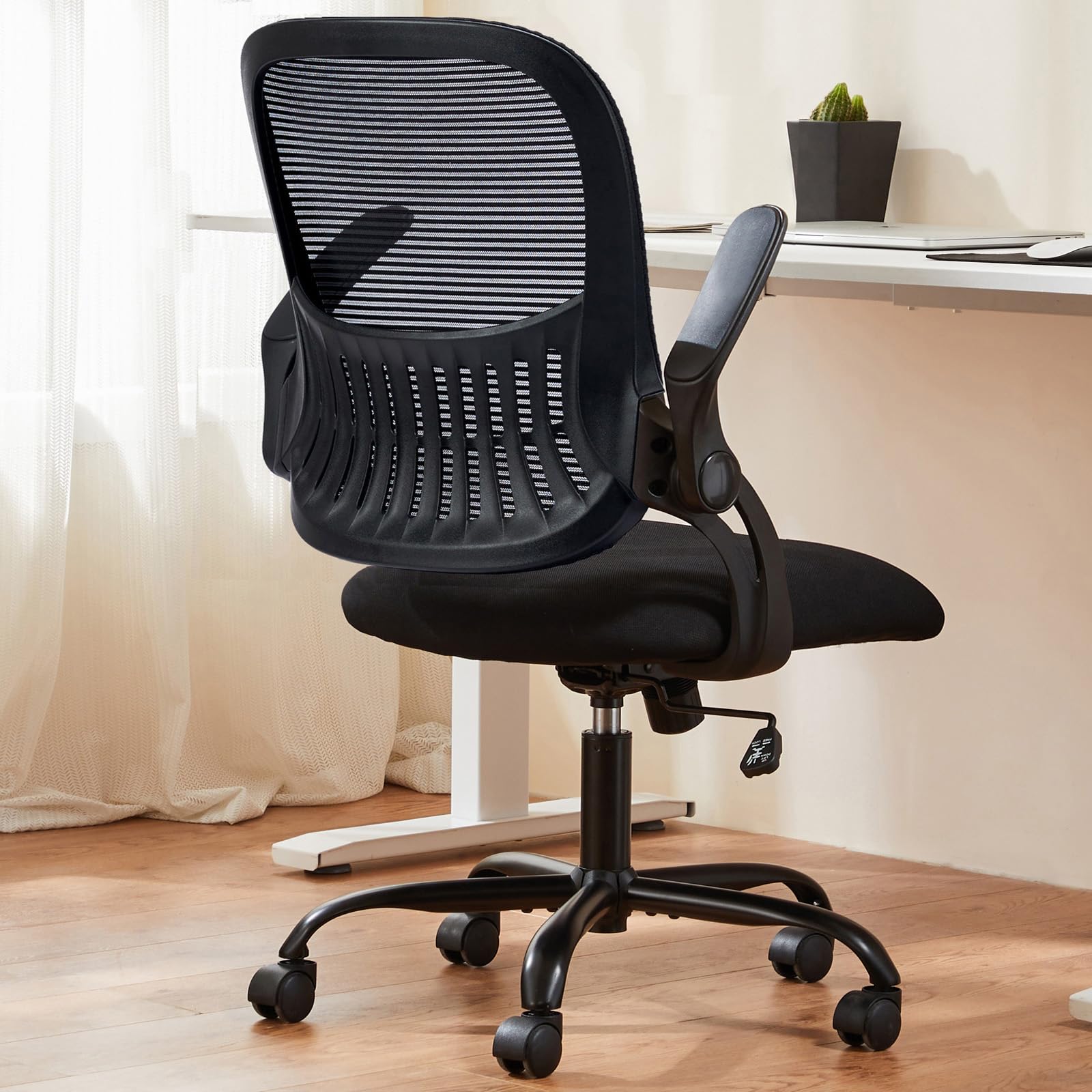 DUMOS Ergonomic Office Chair with Lumbar Support - Mid Back Mesh Computer Desk Chair with Wheels, Swivel & Flip-Up Arms for Home Office, Study, Bedroom - Comfortable Task Chair for Work & Gaming (Black)