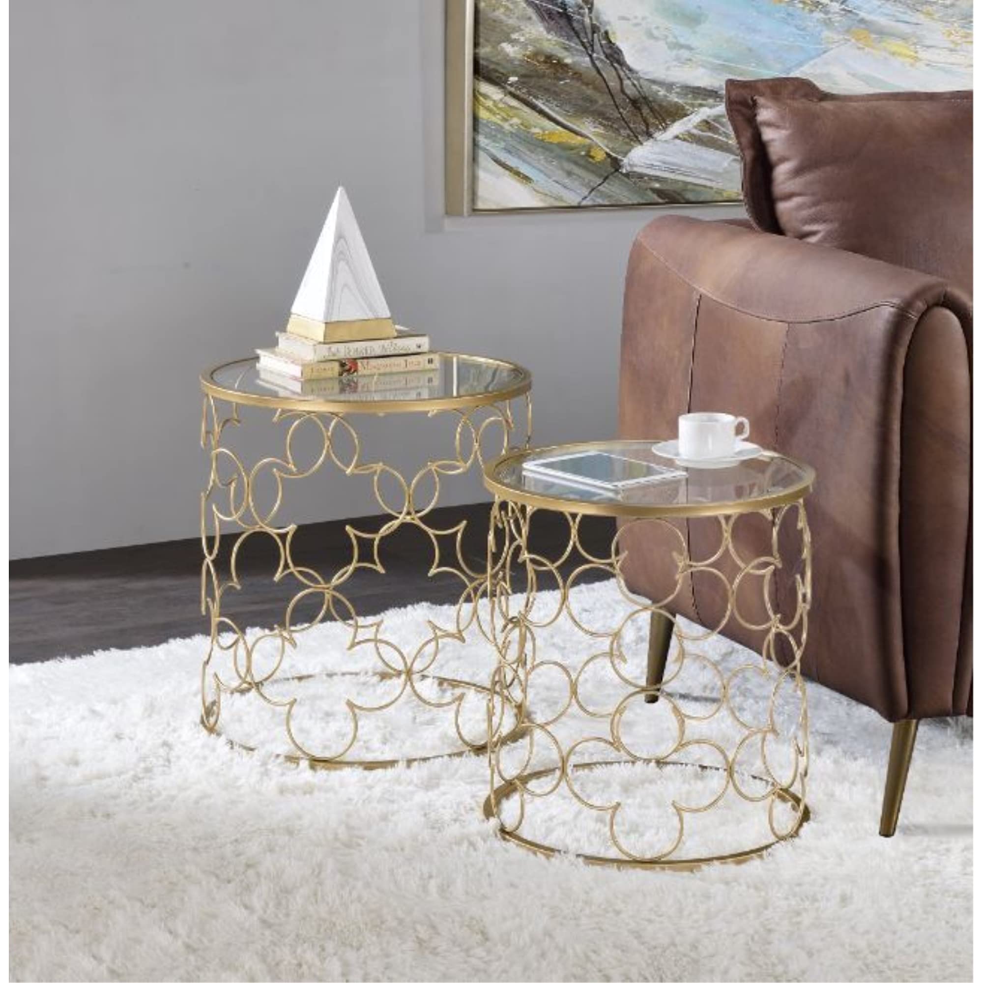 Modern Nesting Tables Set - Clear Glass Top with Gold Metal Frame - Perfect for Living Room, Bedroom, or Office Decor