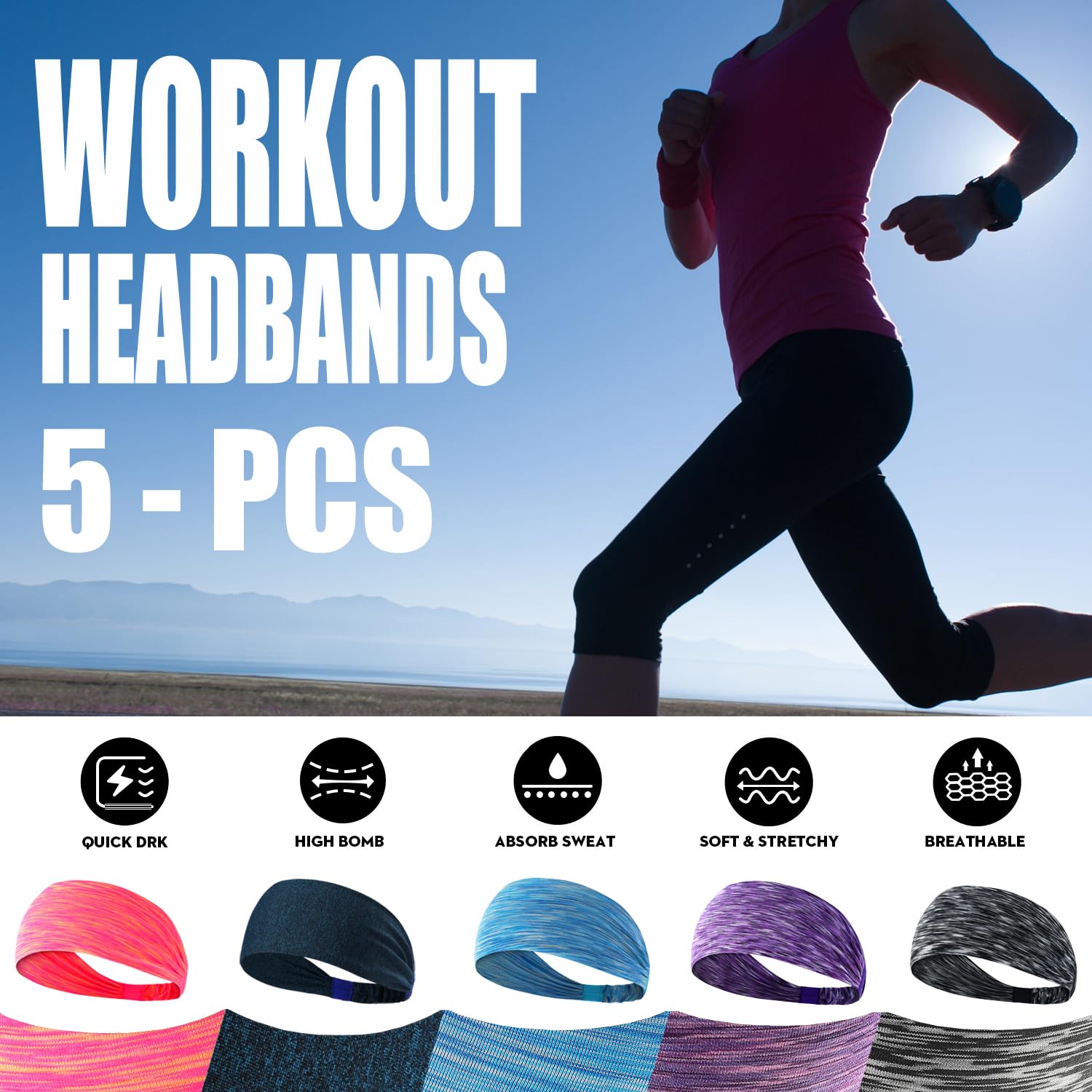 Non-Slip Women's Workout Headbands – 5 Pack Moisture-Wicking Yoga & Running Sweatbands for Athletic Exercise & Fitness | Perfect for Gym, Sports & Active Lifestyles