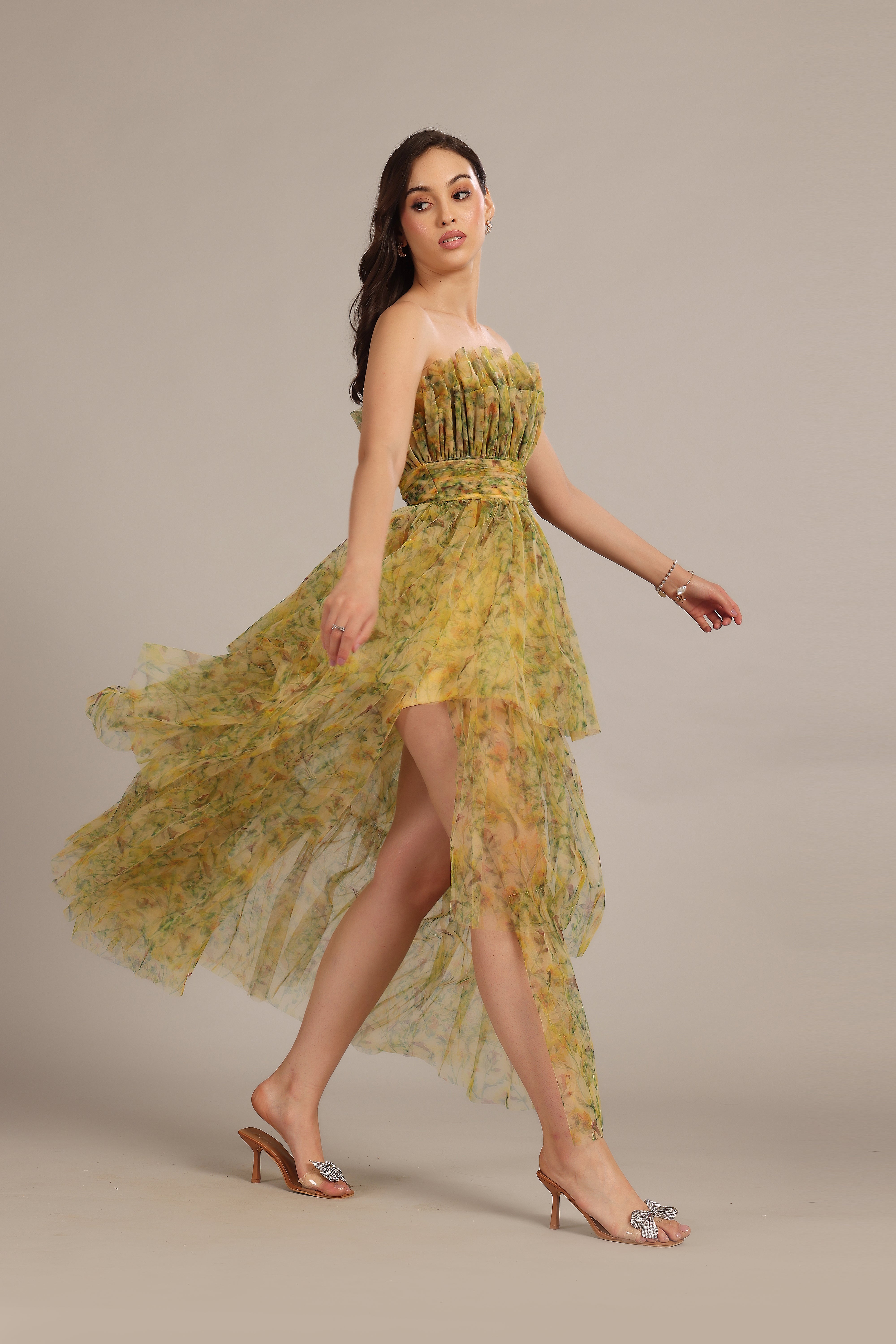 Natalia Yellow Floral Tulle Maxi Dress - Elegant Long Formal Gown for Weddings, Prom, Evening Parties & Special Occasions