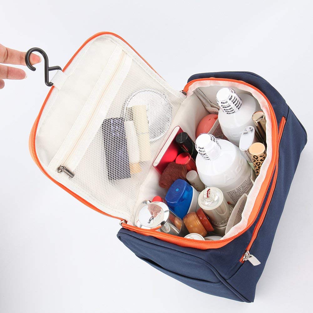 FRIJVEN Waterproof Polyester Travel Toiletry Bag with Hook - Portable Cosmetic Organizer for Makeup, Grooming & Personal Care - Ideal for Men & Women Travel Accessories (Navy Blue) | Perfect for Airplane, Gym, Camping & Business Trips