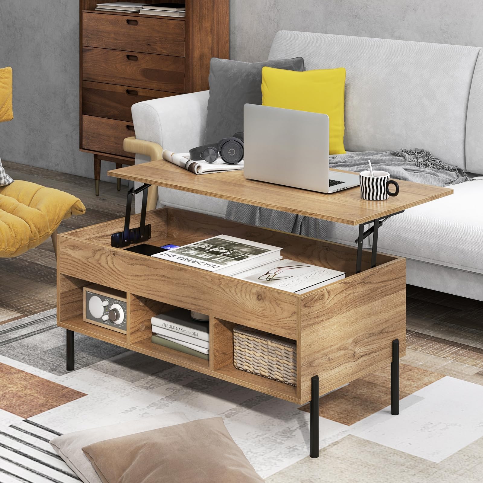 Tangkula Lift Top Coffee Table with Metal Legs - Multifunctional Wooden Dining & Working Table with Hidden Compartment & 3 Open Cubbies for Living Room, Office, Reception Area (Natural Finish) - Perfect for Entertaining, Remote Work, and Stylish Home Decor