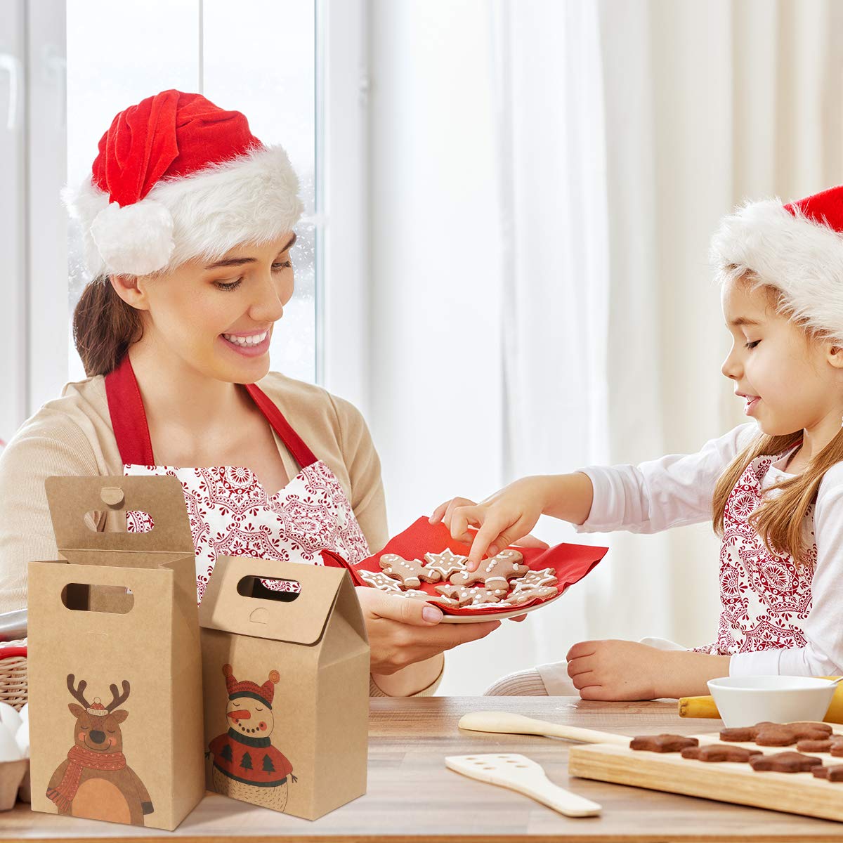 HEMOTON 16PCS Christmas Treat Bags - Durable Kraft Paper Gift Wrapping Bags for Cookies, Candy & Chocolate - Perfect for Holiday Parties, Gift Giving & Food Storage