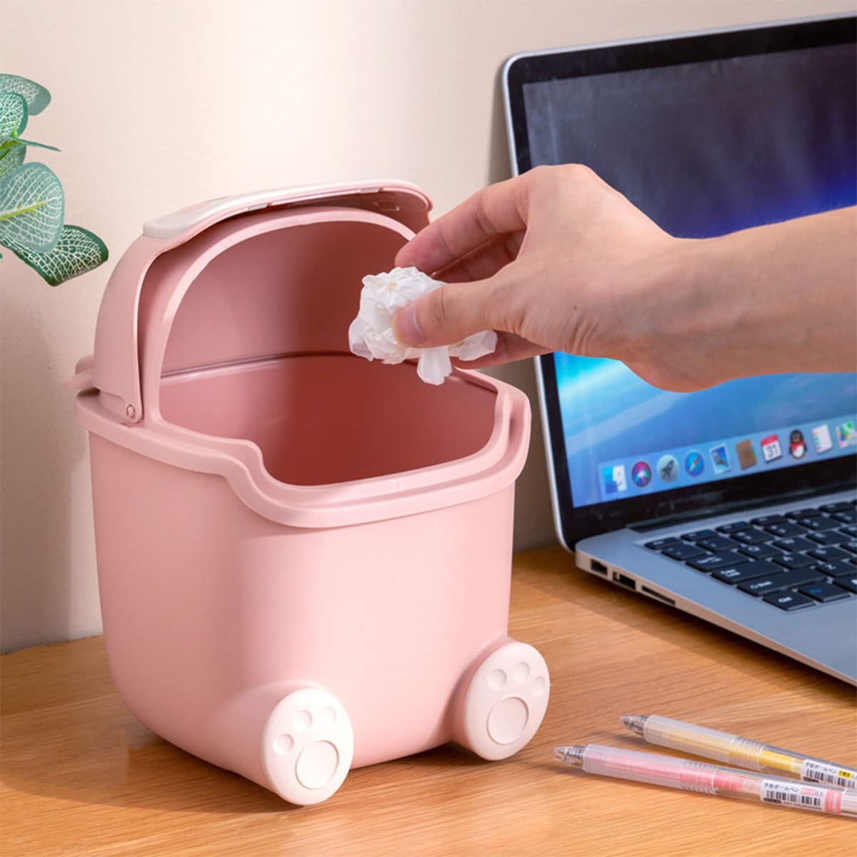 Cute Pink Mini Desktop Trash Can with Flip Lid - Includes 90 Trash Bags, Plastic Waste Bin for Bathroom, Kitchen, Office & Dressing Table - Perfect for Small Spaces & Home Organization