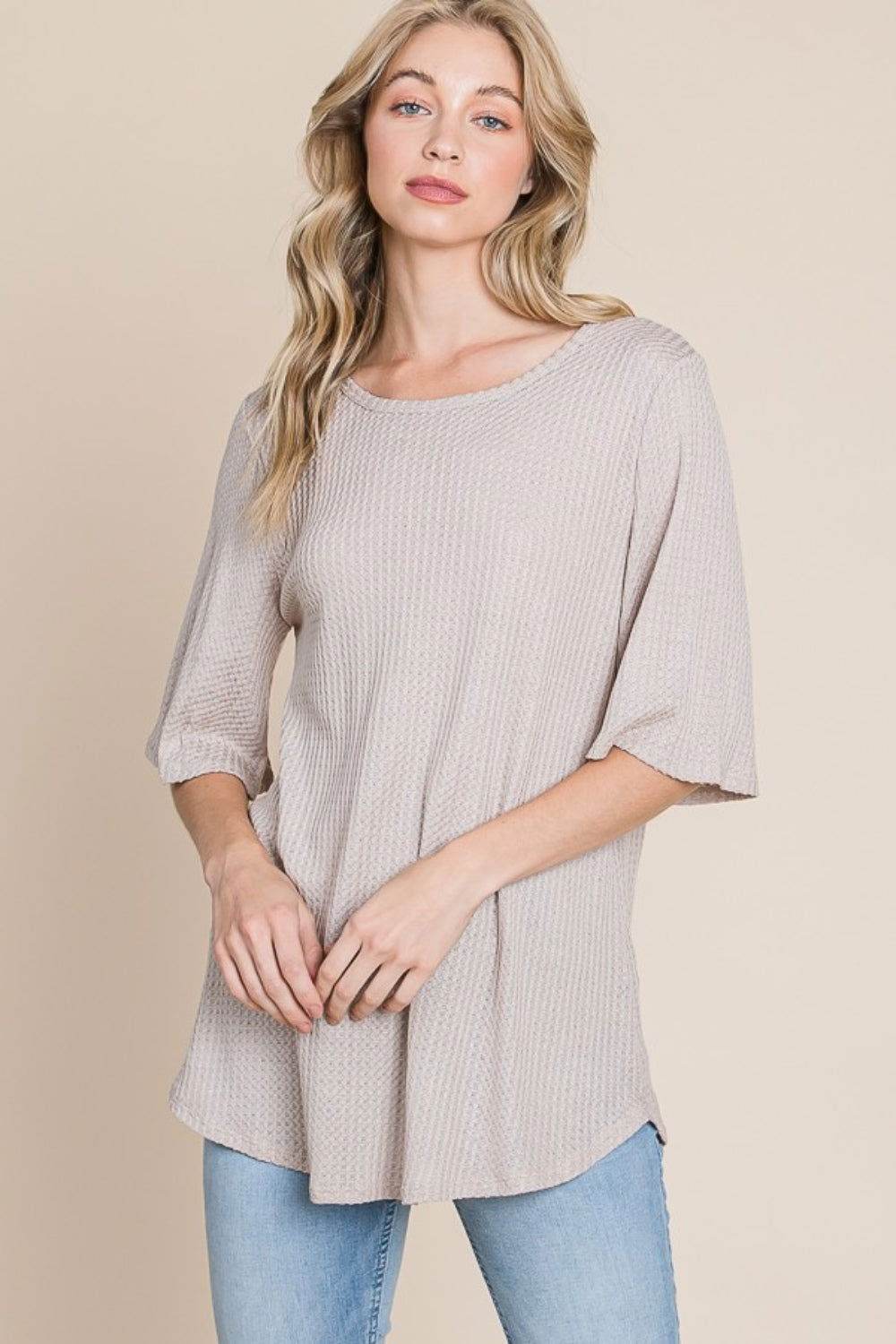 BOMBOM Women's Round Neck Waffle Knit T-Shirt - Soft Casual Short Sleeve Top for Everyday Wear, Lounge & Outfits