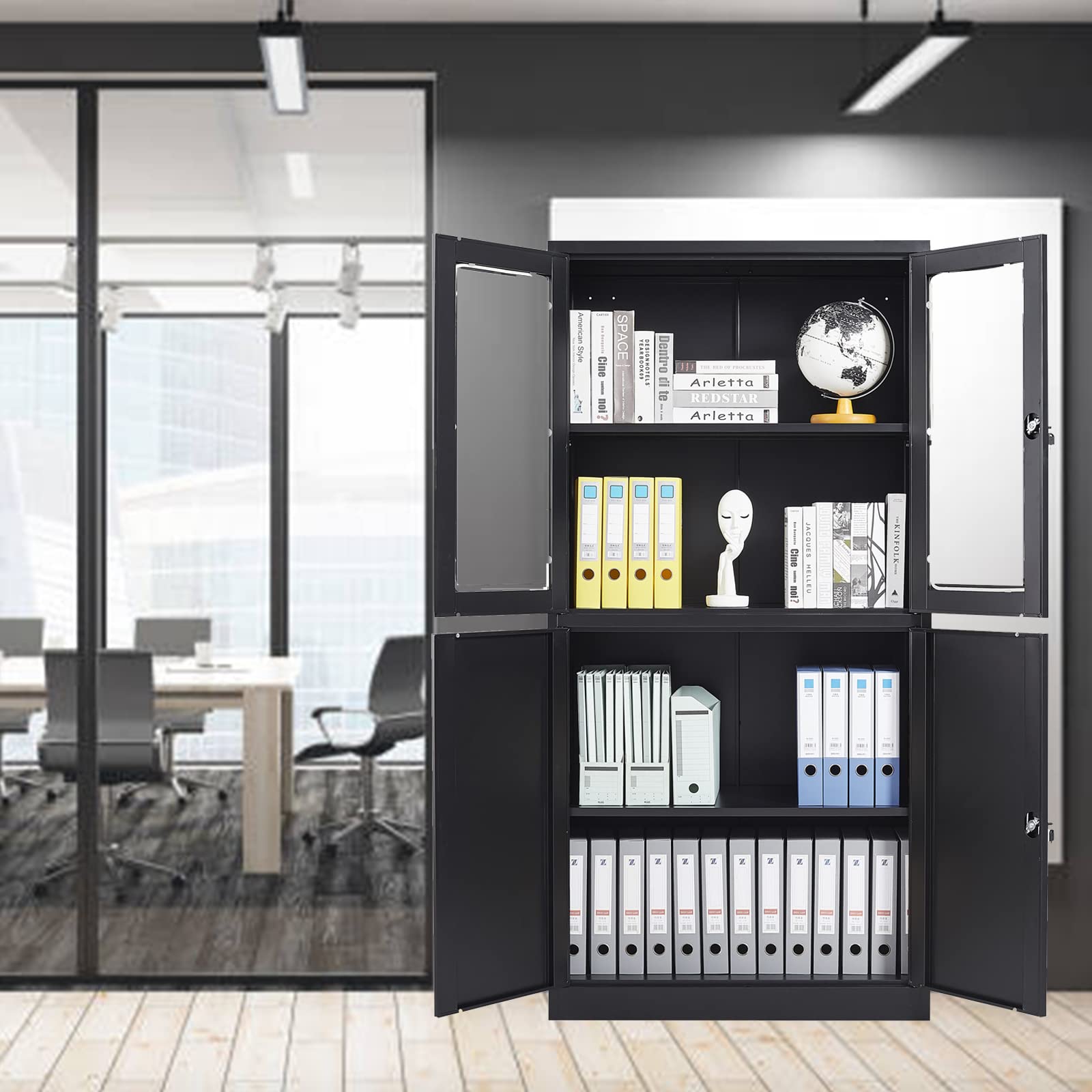 Black Metal Display Cabinet with Glass Doors & Lock - Freestanding Storage Cabinet for Kitchen, Pantry, Bathroom or Home Office - Perfect for Organizing Dishes, Food, Towels & Office Supplies
