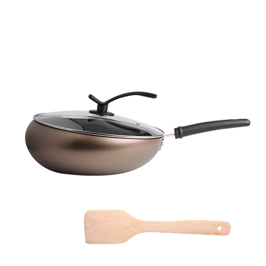 ADKINC 12 Inch Cast Iron Wok with Lid - Non-Stick Carbon Steel Skillet Pan, Wooden Spatula Included - Rustproof Kitchen Cookware for Stir Fry, Deep Frying & Family Cooking - Perfect for Asian Cuisine & Home Chefs