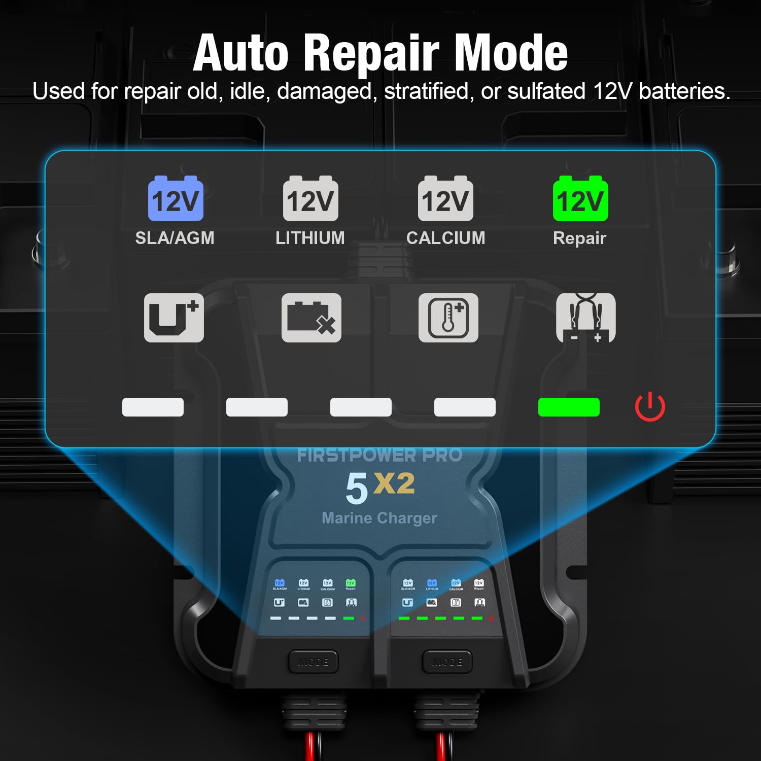2 Bank Marine Battery Charger 10A (5A per Bank) - 12V Waterproof Onboard Charger for Boat, RV & Marine Batteries - Maintains & Desulfates SLA/AGM, Lithium (LiFePO4), Calcium & Deep-Cycle Batteries - Ideal for Continuous Charging on Boats, Yachts & RVs