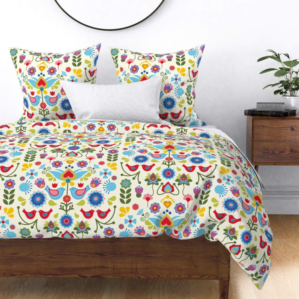 Scandinavian Birds Blooms Floral Folk Art Cotton Sateen Duvet Cover - King/California King Size | Colorful Custom Bedding for Nursery, Bedroom & Guest Room Decor