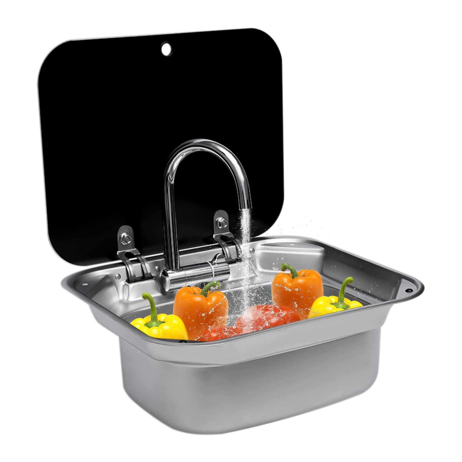 17 Inch Stainless Steel RV Kitchen Sink with Folded Faucet & Glass Lid - Drop-in Hand Wash Basin for Caravan, Trailer, Van & Camper | Perfect for Compact Spaces & Outdoor Cooking