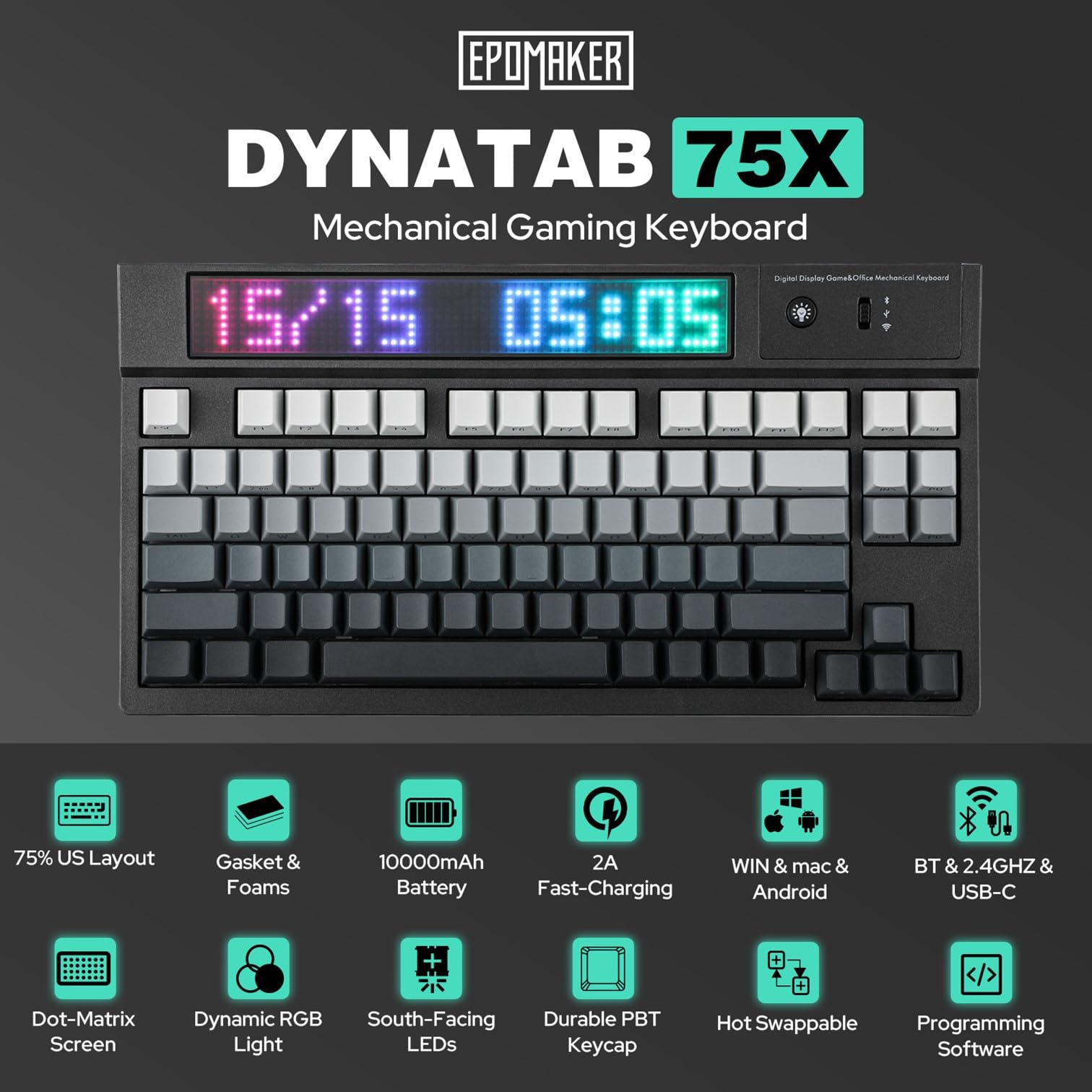EPOMAKER DynaTab 75X Wireless Mechanical Gaming Keyboard - Custom Dot-Matrix RGB LED Screen, Gasket-Mounted Design, Bluetooth/2.4G/USB-C Connectivity (Black Grey, Flamingo Switch) - Perfect for Esports, Streaming & Office Work