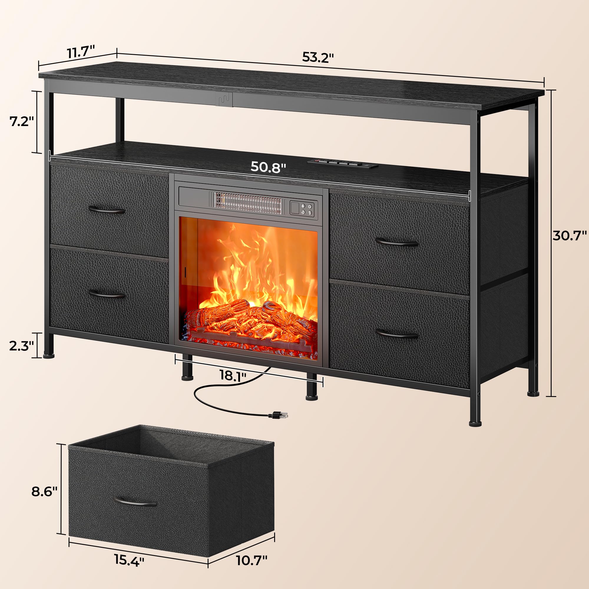 Huuger 55-60 Inch Fireplace TV Stand with Power Outlets & LED Lights - 4-Drawer Entertainment Center with Open Shelves, PU Leather Surface - Perfect for Living Room, Bedroom Home Theater Setup (Black)