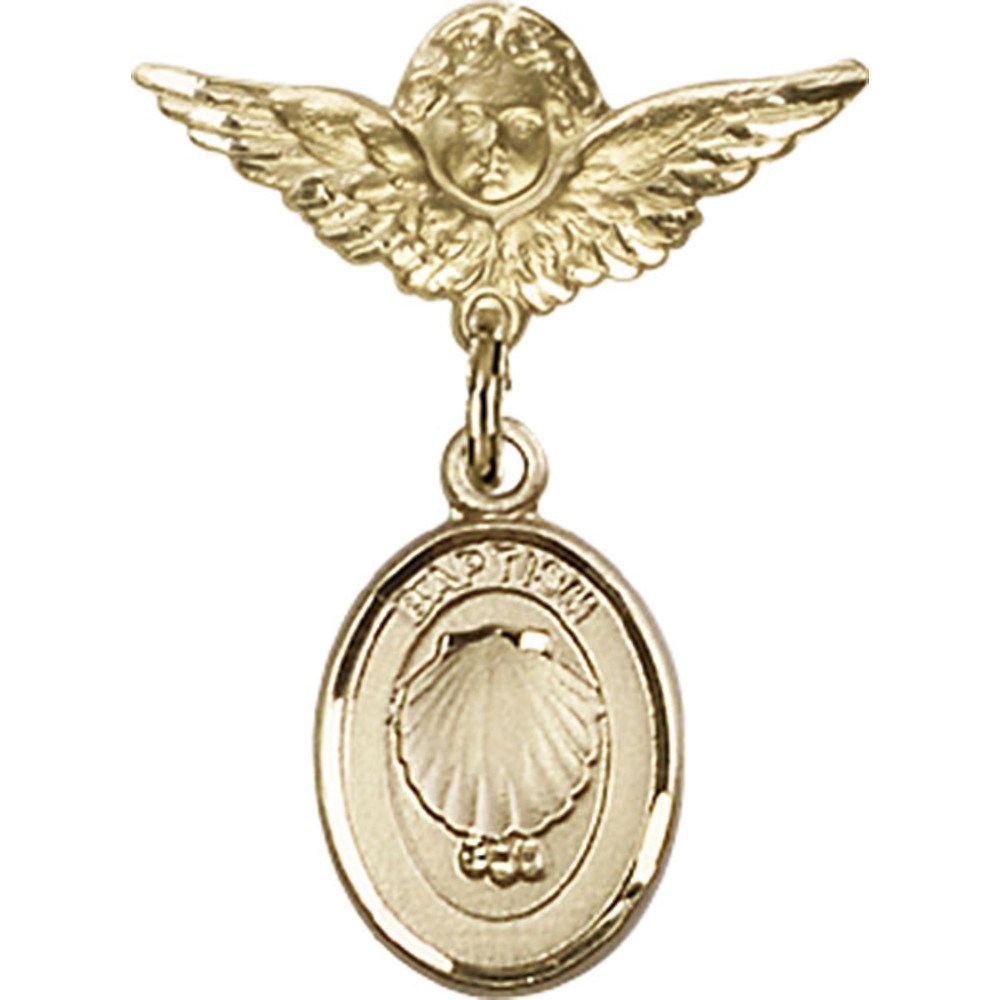 Gold Filled Baby Baptism Badge Pin with Angel Charm - 1 X 3/4 Inch Religious Jewelry for Christening, First Communion & Baby Blessing Ceremonies
